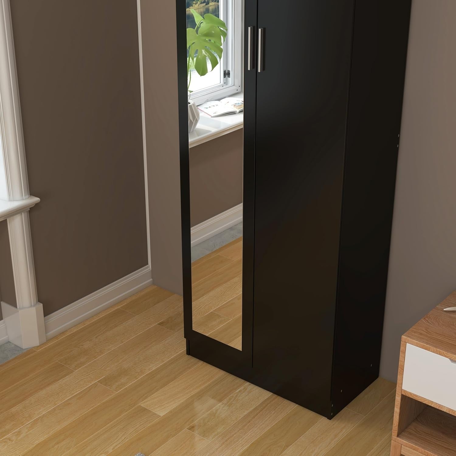 Black Mirrored Wardrobe 2 Door Storage Cabinet with Rail 170cm Tall