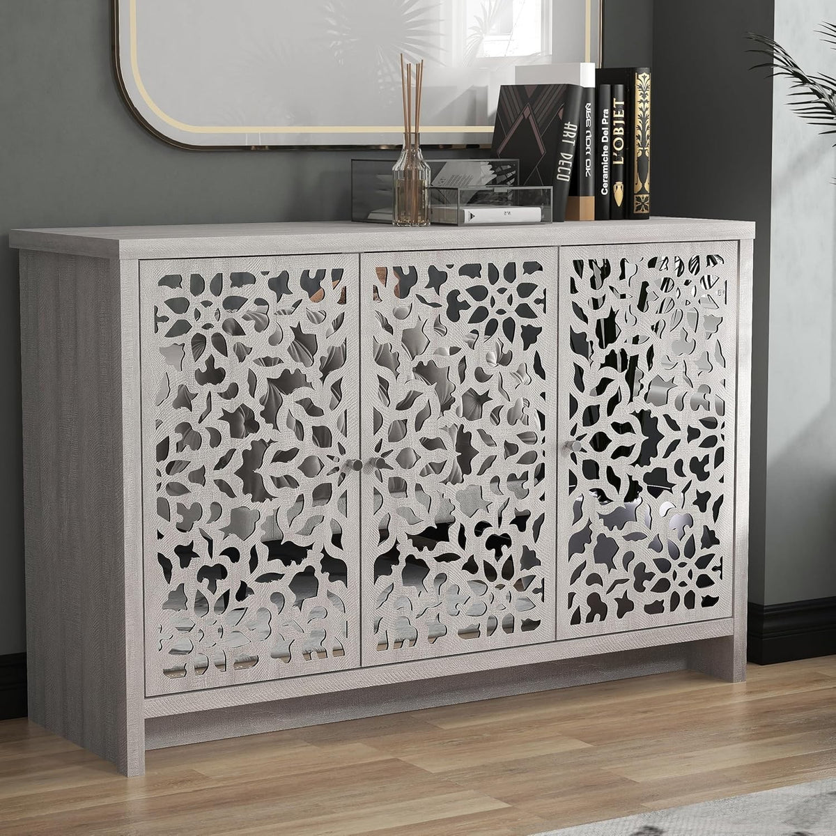 Modern 3-Door Grey Oak Sideboard Storage Cabinet with Adjustable Shelves
