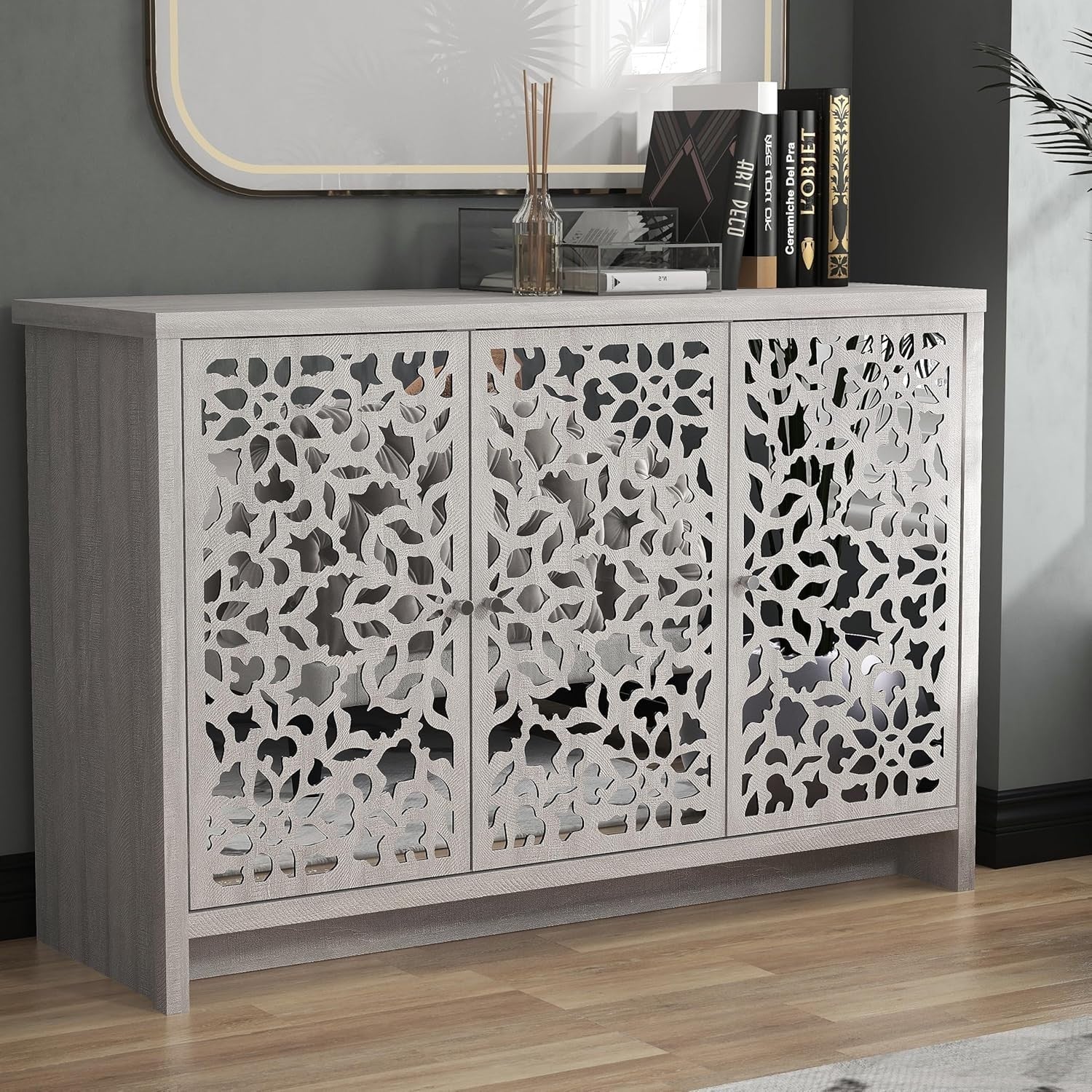 Modern 3-Door Grey Oak Sideboard Storage Cabinet with Adjustable Shelves