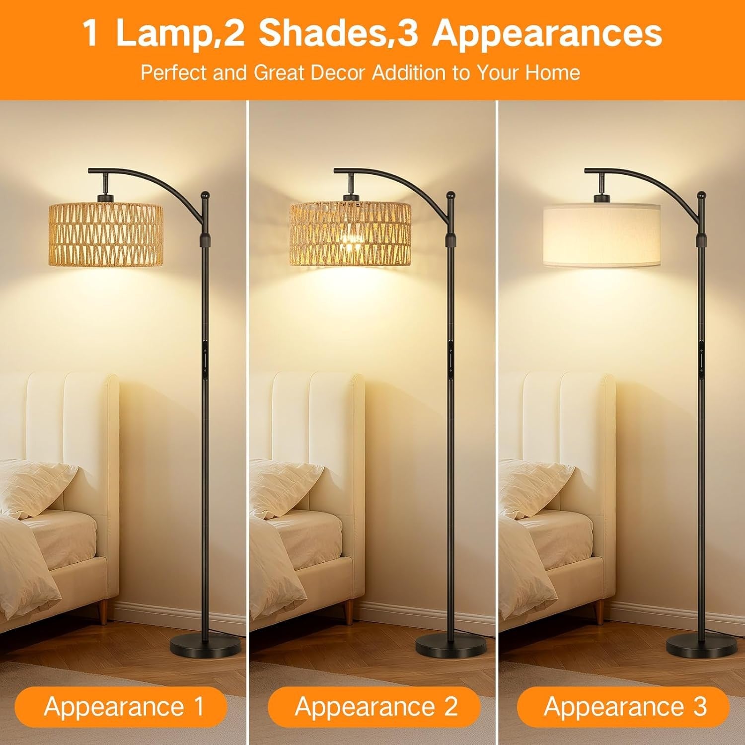 Boho Floor Lamp Rattan Linen Double Shade Dimmable Touch Remote Adjustable