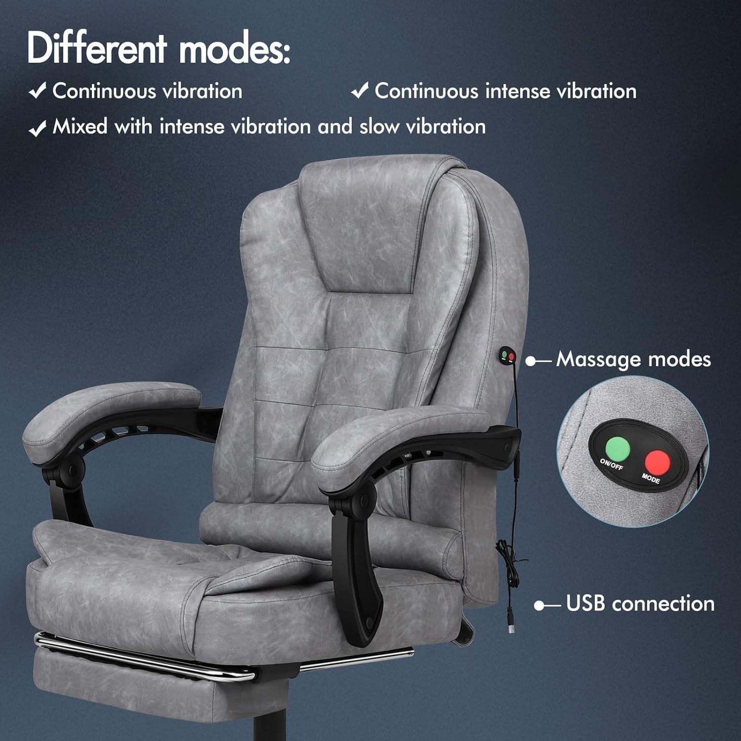 Grey Massage Office Chair Recliner Footrest Ergonomic PU Leather Swivel
