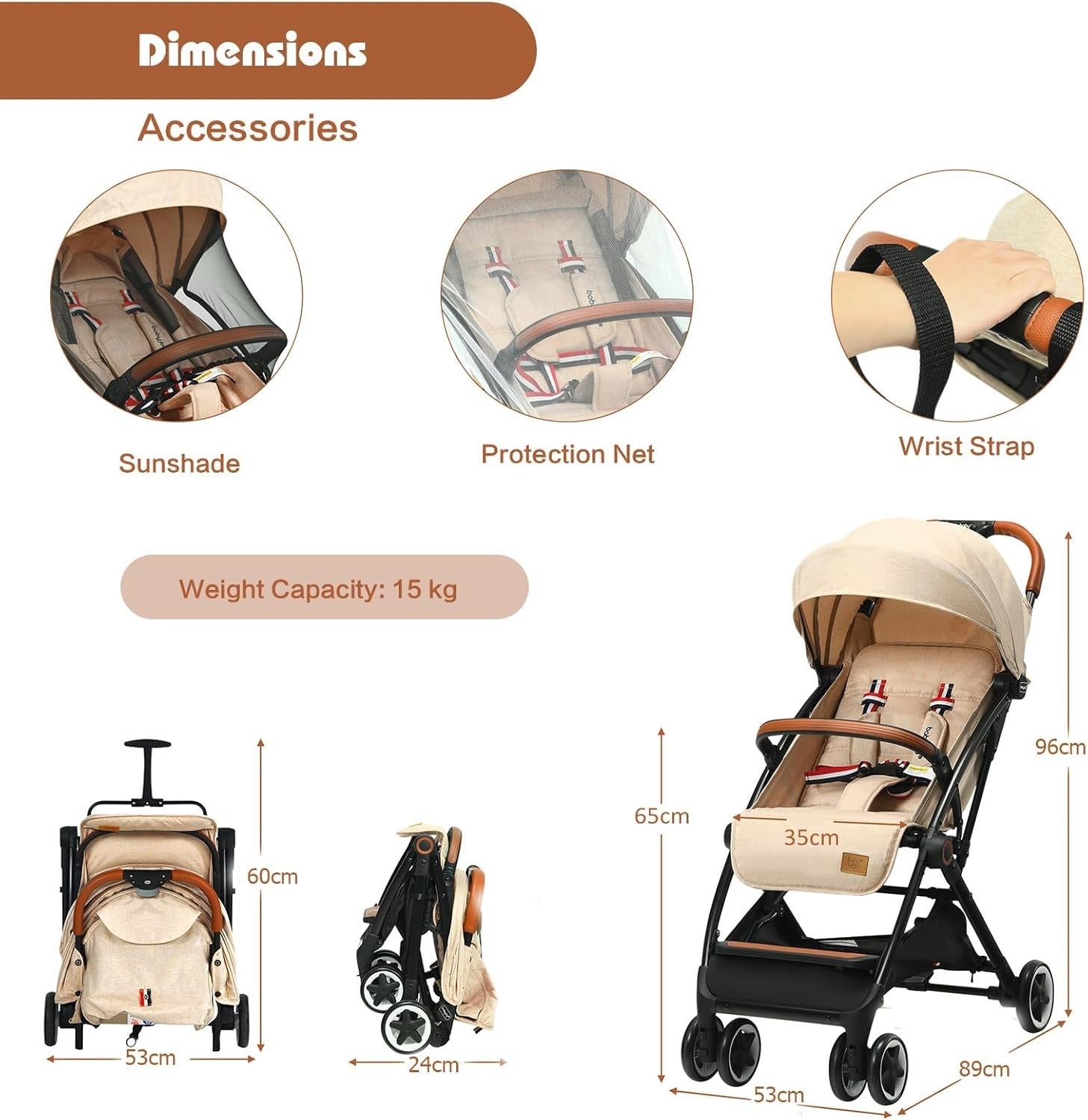 Beige Lightweight Baby Pushchair One Hand Fold Travel Buggy