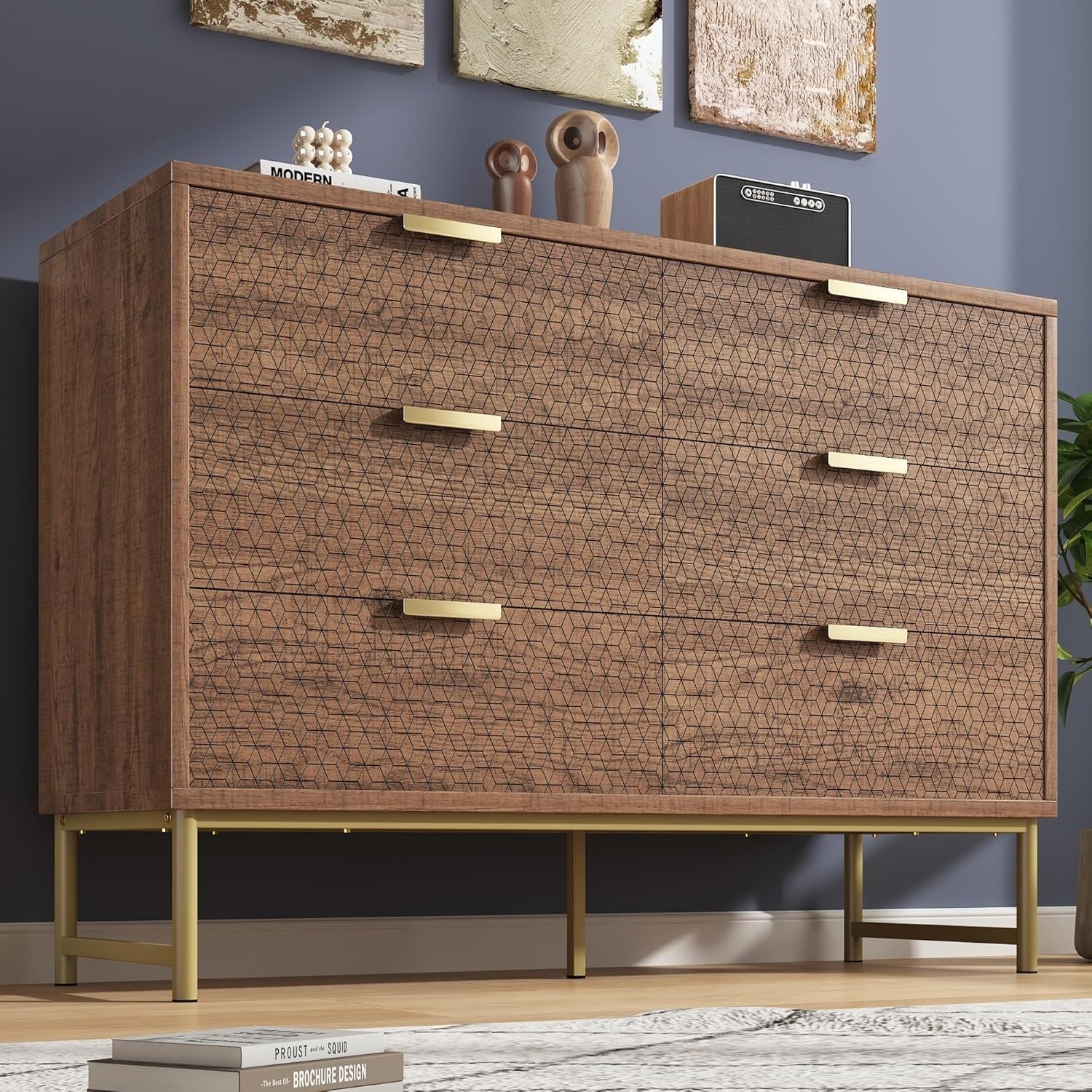 120cm Walnut Sideboard Chest with 6 Drawers for Hallway or Bedroom