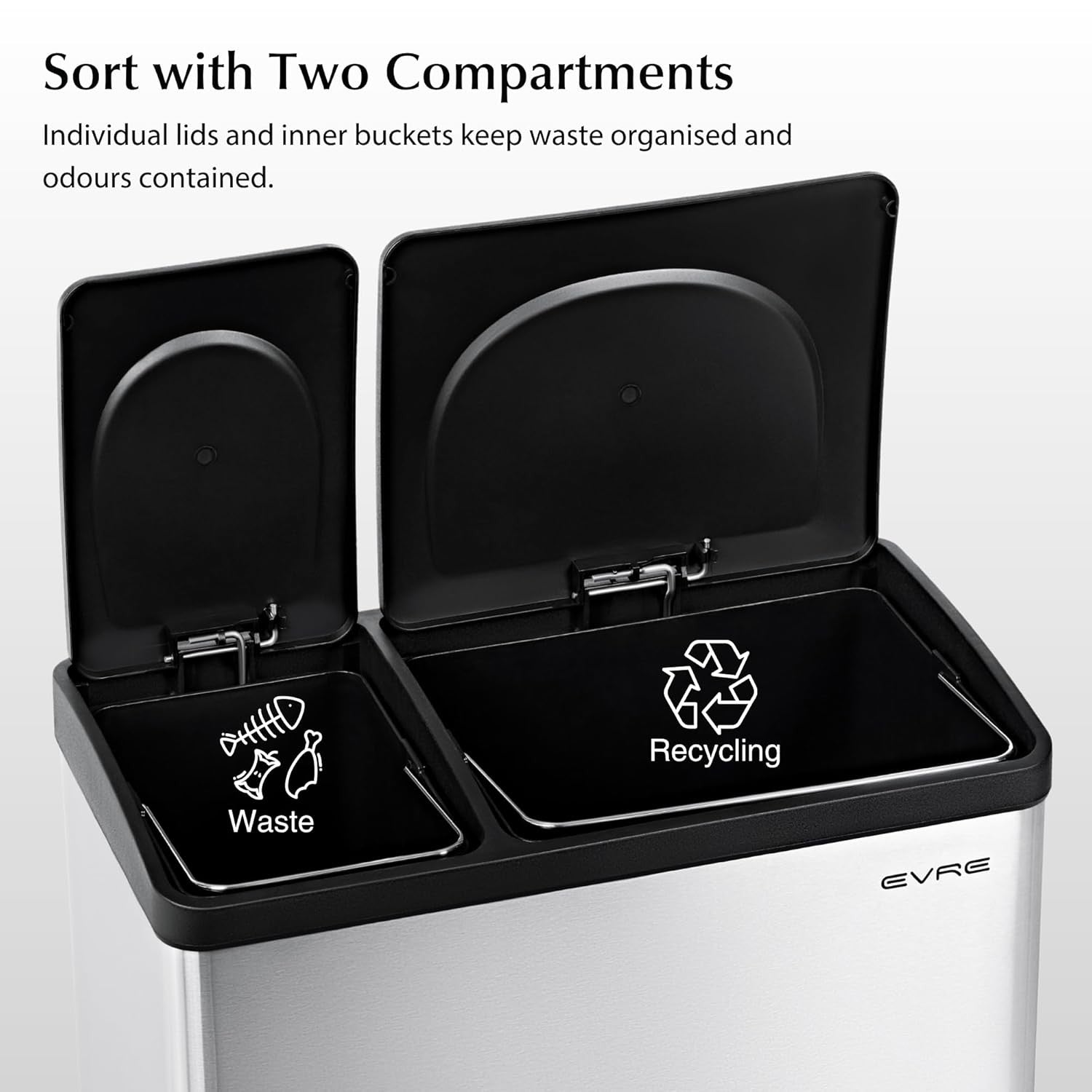 36L Recycling Bin 2 Compartment Waste Separation Silver