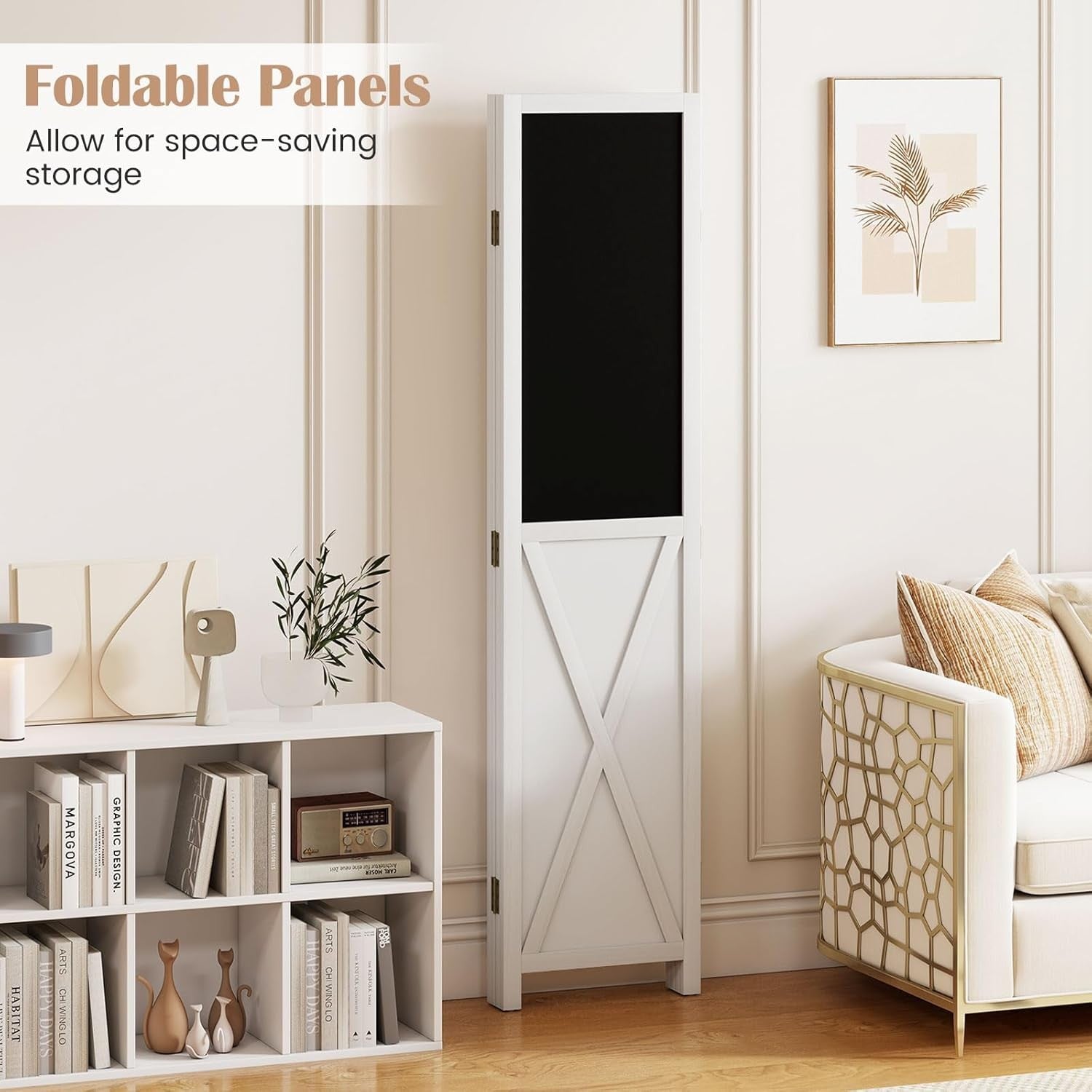 4 Panel White Folding Room Divider with Blackboard & Whiteboard 160x170cm