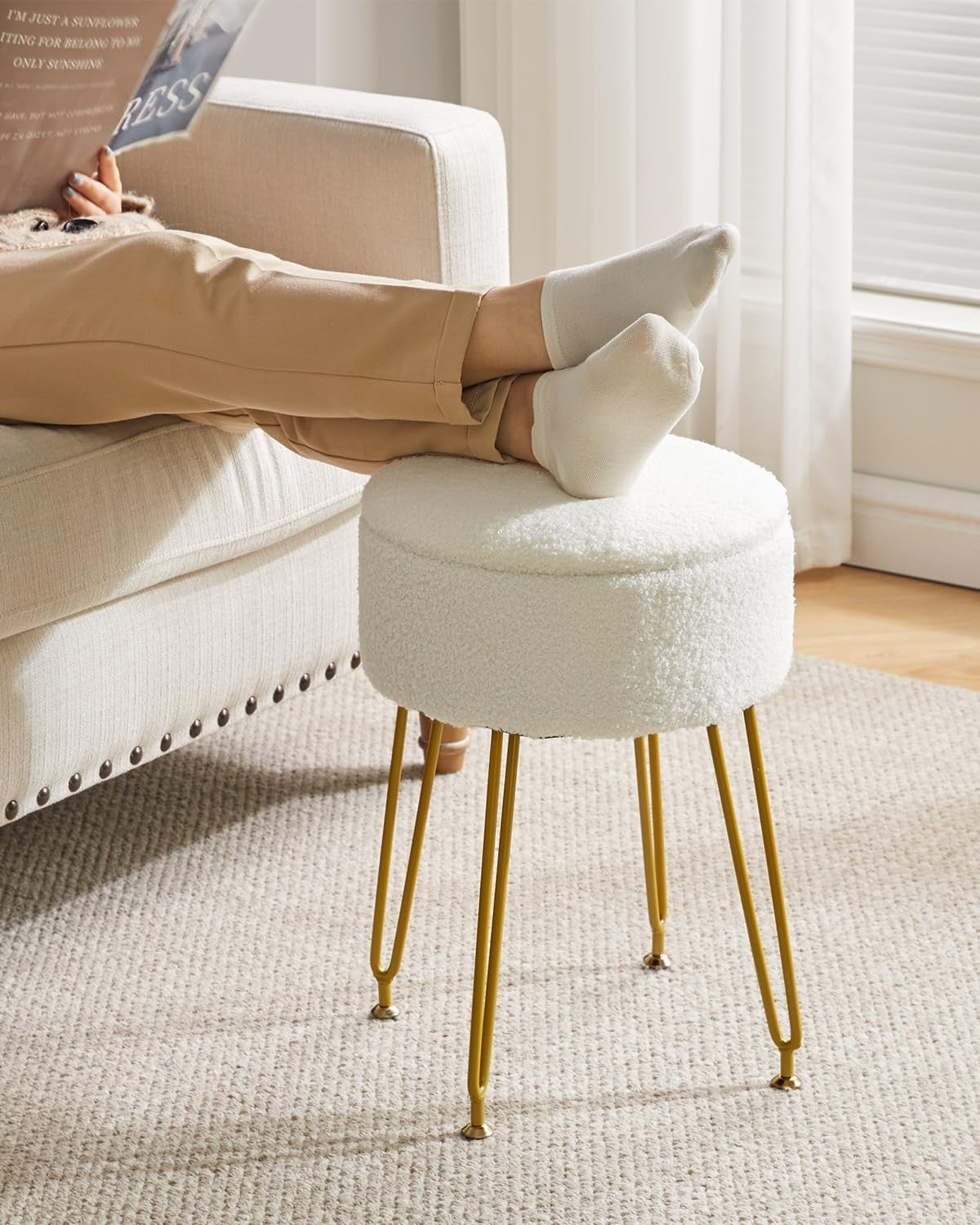 White Teddy Velvet Storage Footrest Stool – Vanity Seat w/ Golden Steel Legs