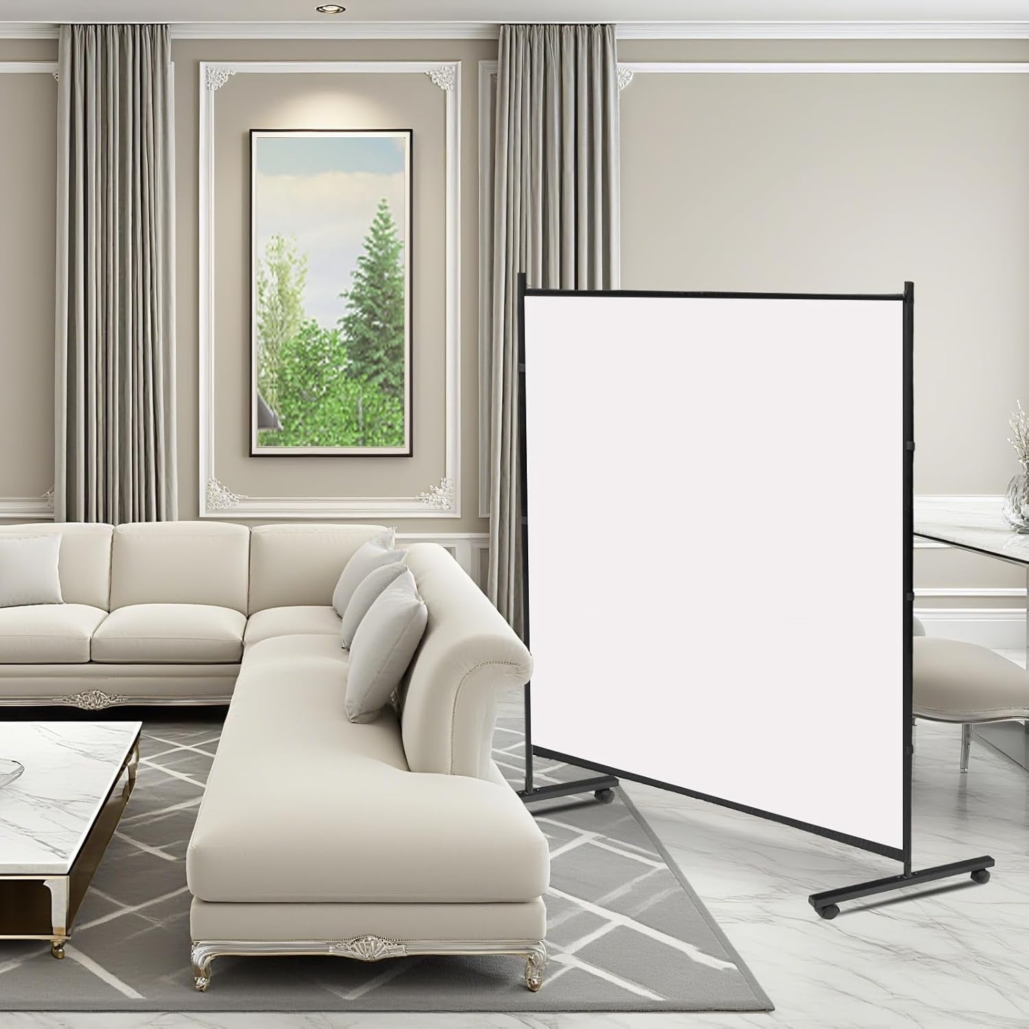 Freestanding Room Divider Panel 180x190cm White Privacy Screen on Wheels