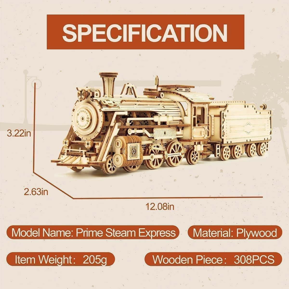 3D Wooden Steam Train Puzzle Model Kit – 308 Pieces, DIY Mechanical Toy