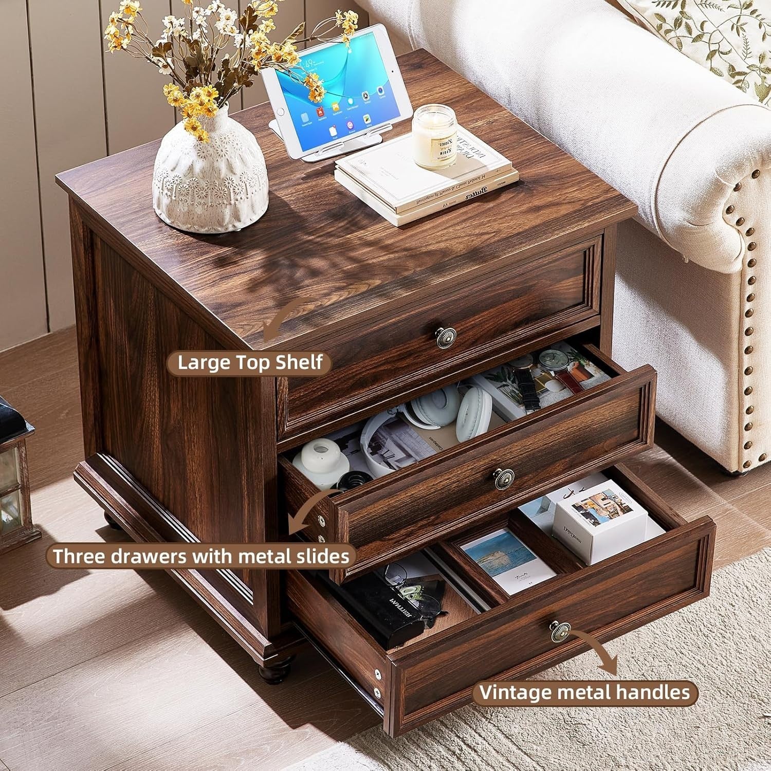 Brown Wooden Bedside Table with Drawers – Rustic Farmhouse Nightstand
