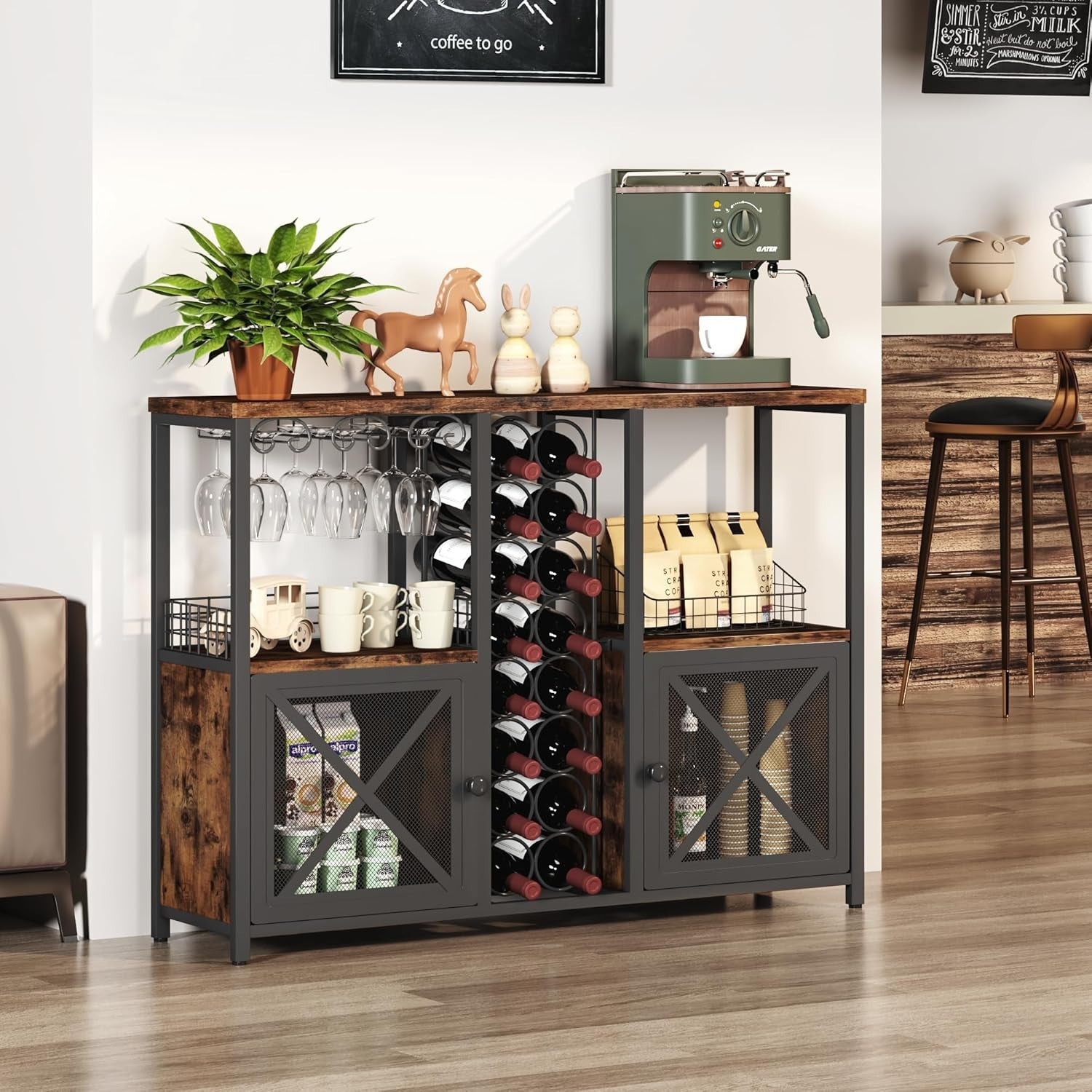 Rustic Home Bar Cabinet with Wine Rack, Glass Holder & Storage Shelves Sideboard