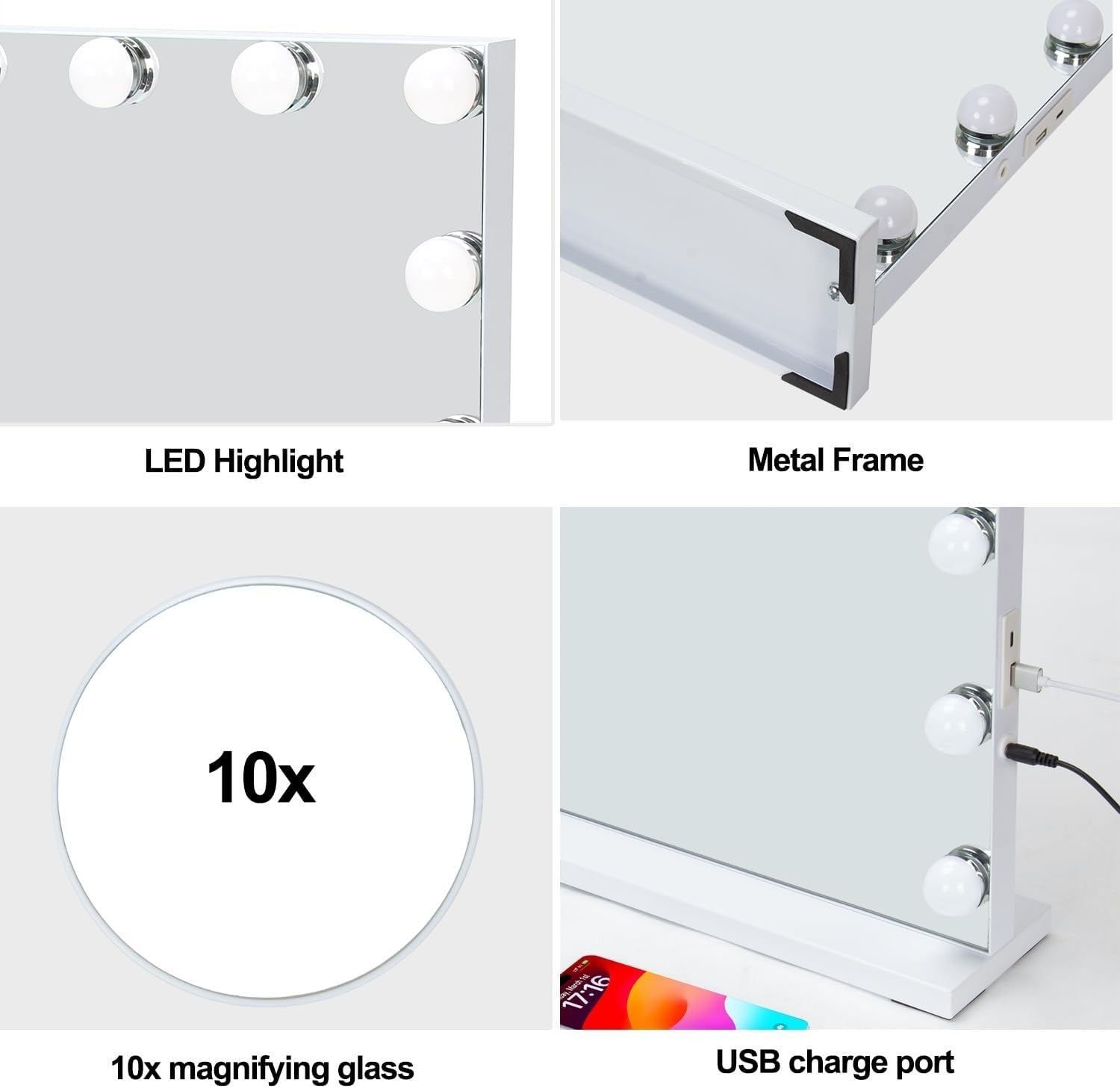 Large LED Vanity Mirror 60x50cm with Touch Control & USB Charging