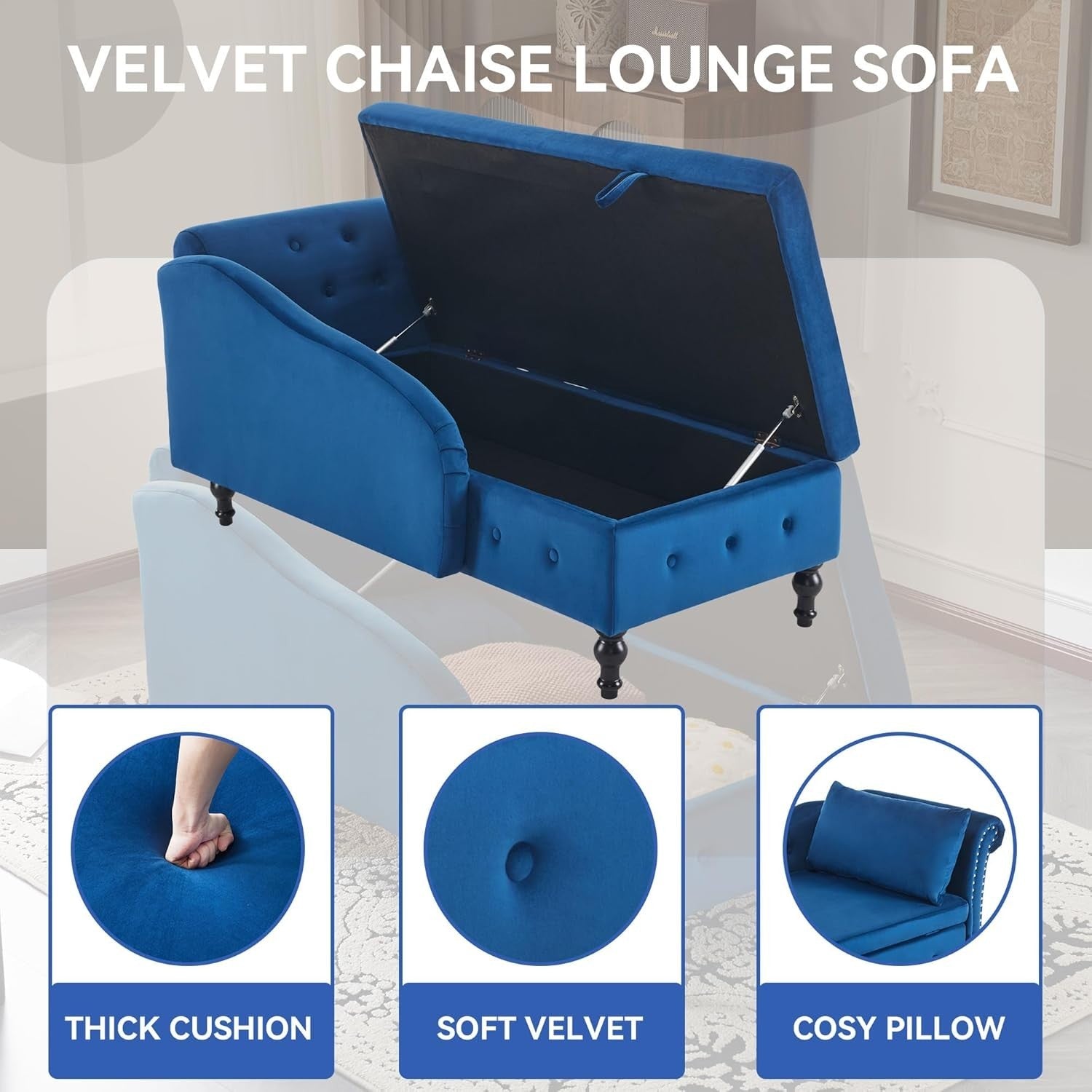Velvet Chaise Lounge Sofa w/Storage & Pillow Right Armrest Blue Tufted