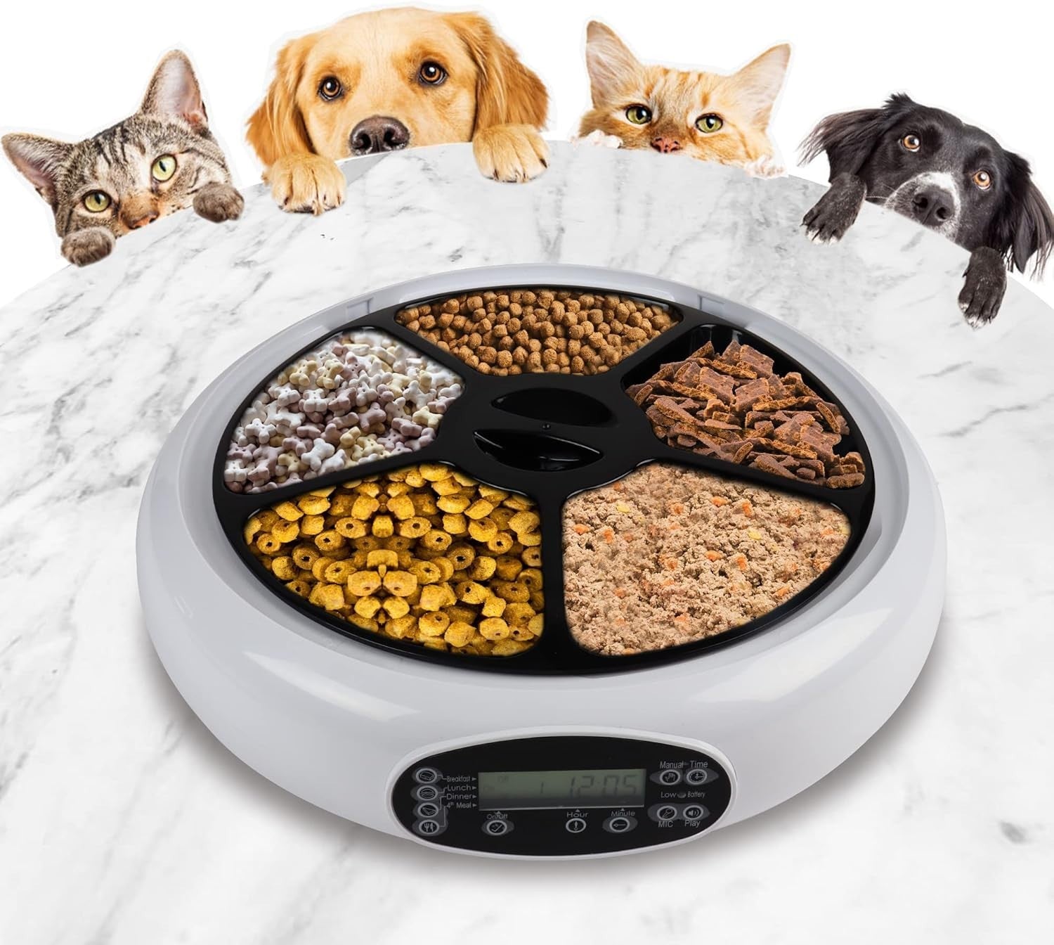 Automatic Pet Feeder 5 Meal Timer Voice Recorder Food Dispenser Bowl
