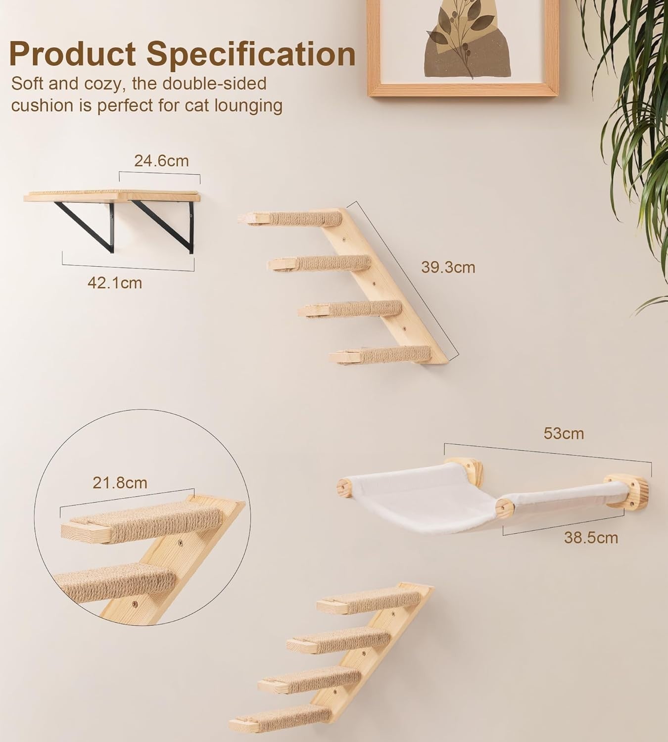Wall Mounted Cat Hammock with Steps Wooden Cat Shelves Climbing Set