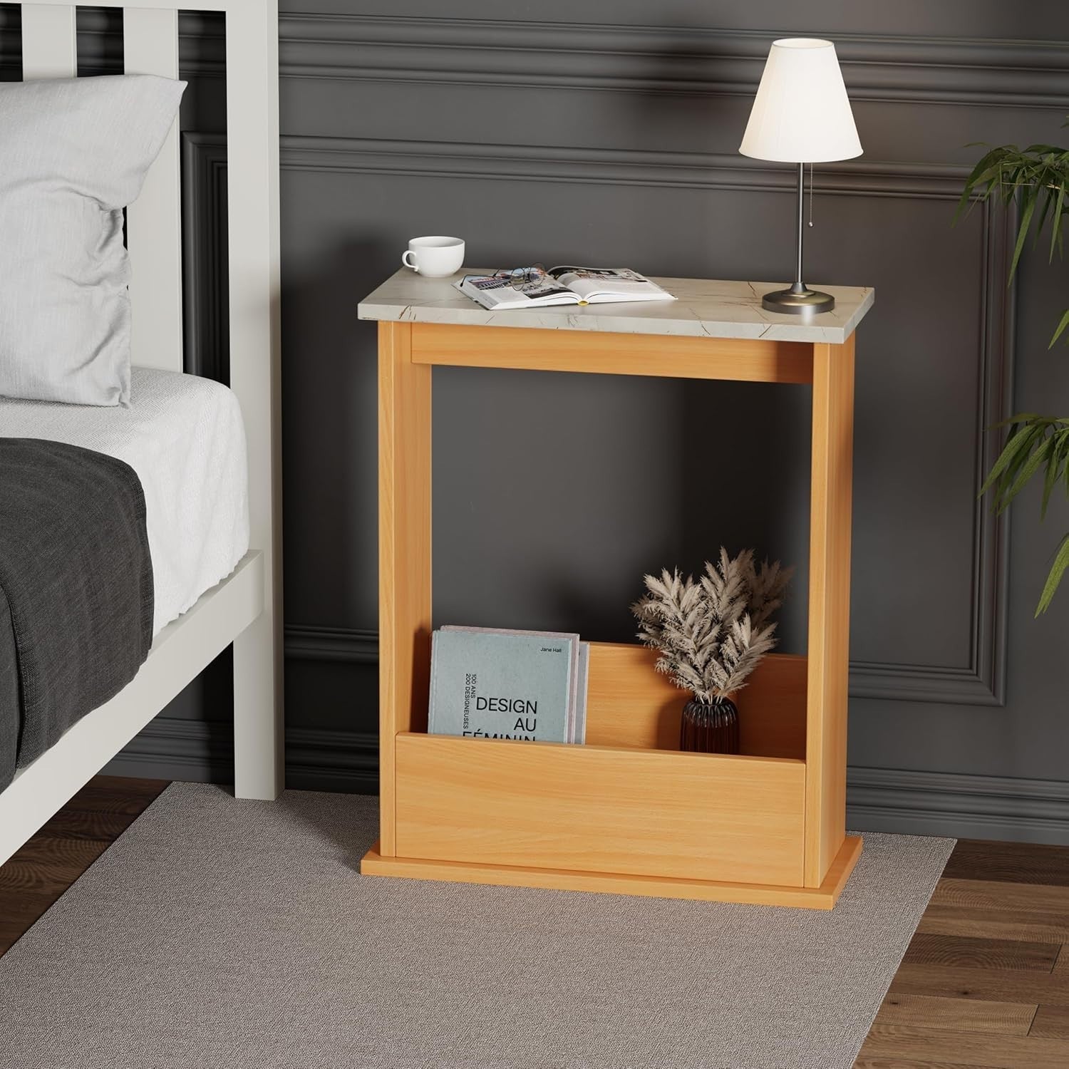 Modern Slim Side Table with Magazine Rack, Marble Top, Compact 55x45x18cm
