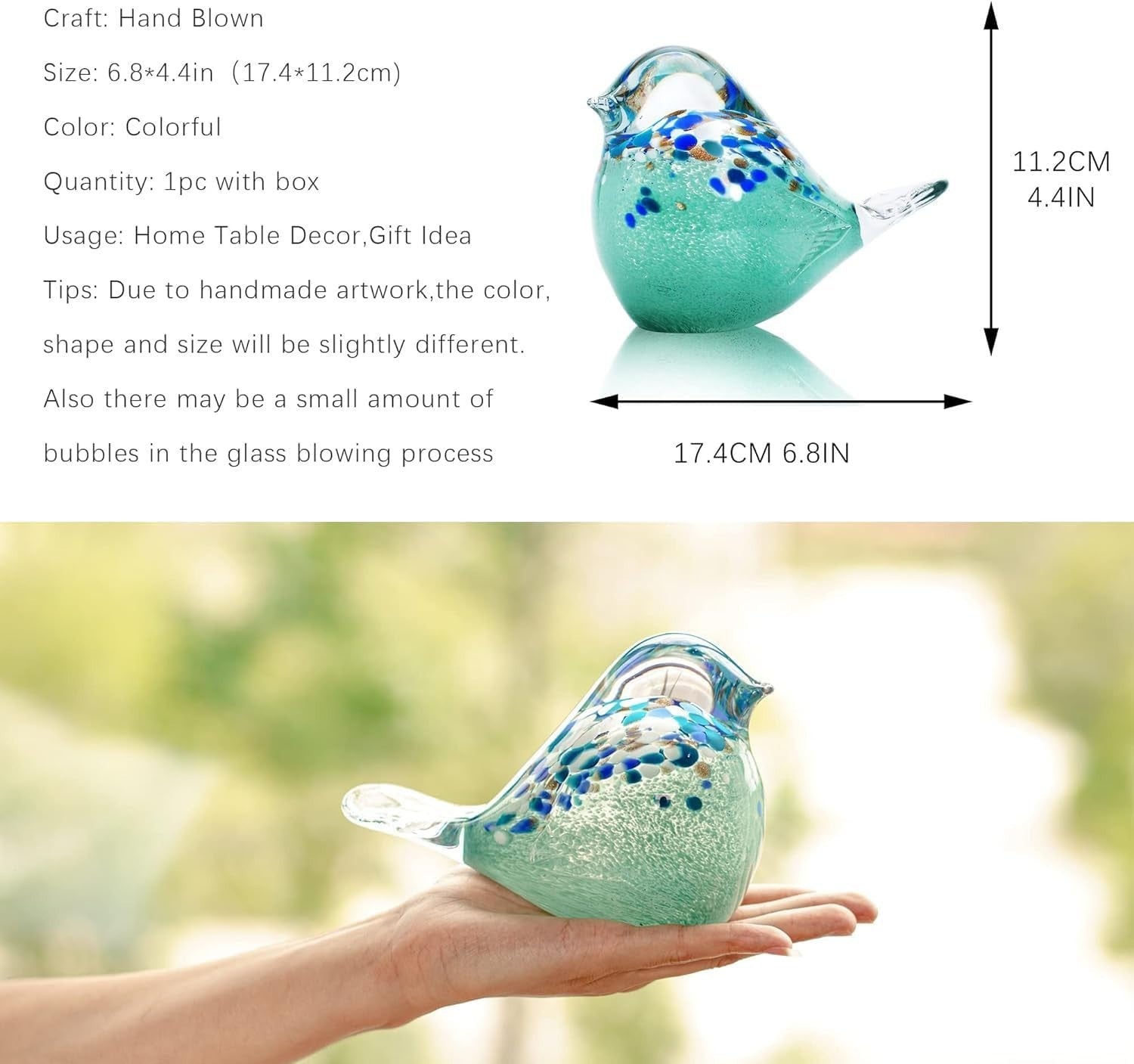Handmade Glass Bird Ornament | Blown Glass Figurine Paperweight Art Decor Gift