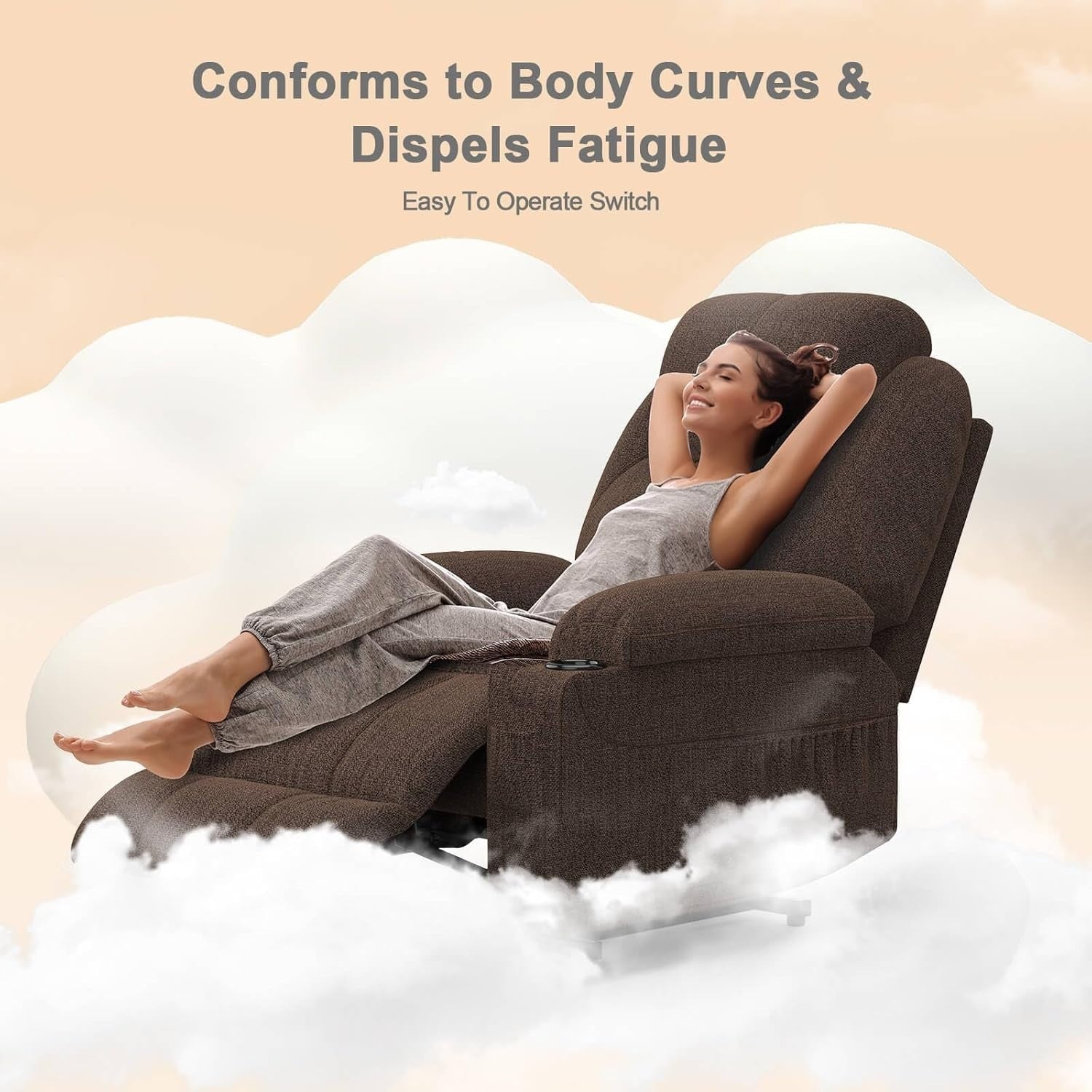 Power Lift Recliner Chair Massage Heat USB Type-C Cup Holders Fabric Dark Brown