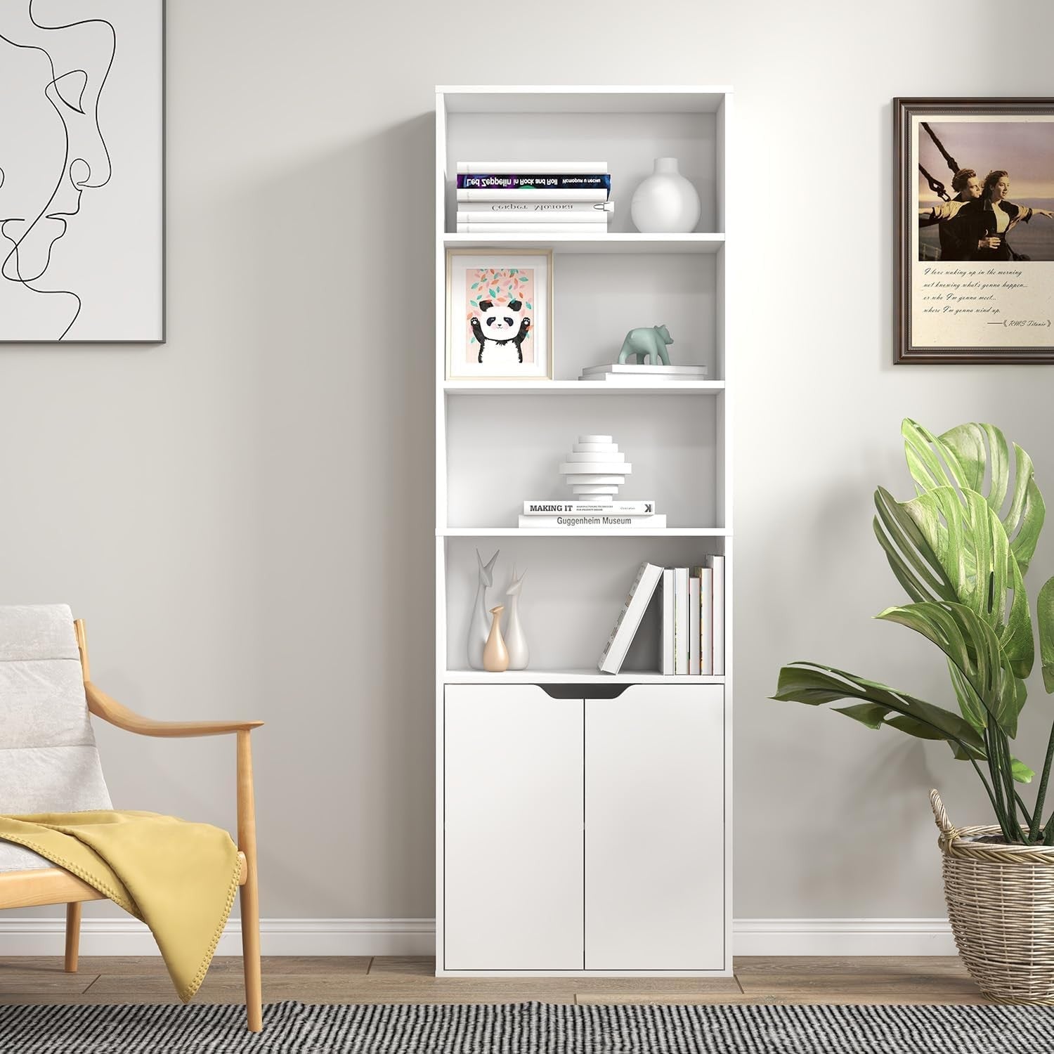 White 6 Tier Tall Bookcase with Doors Modern Storage Cupboard Free Standing Unit