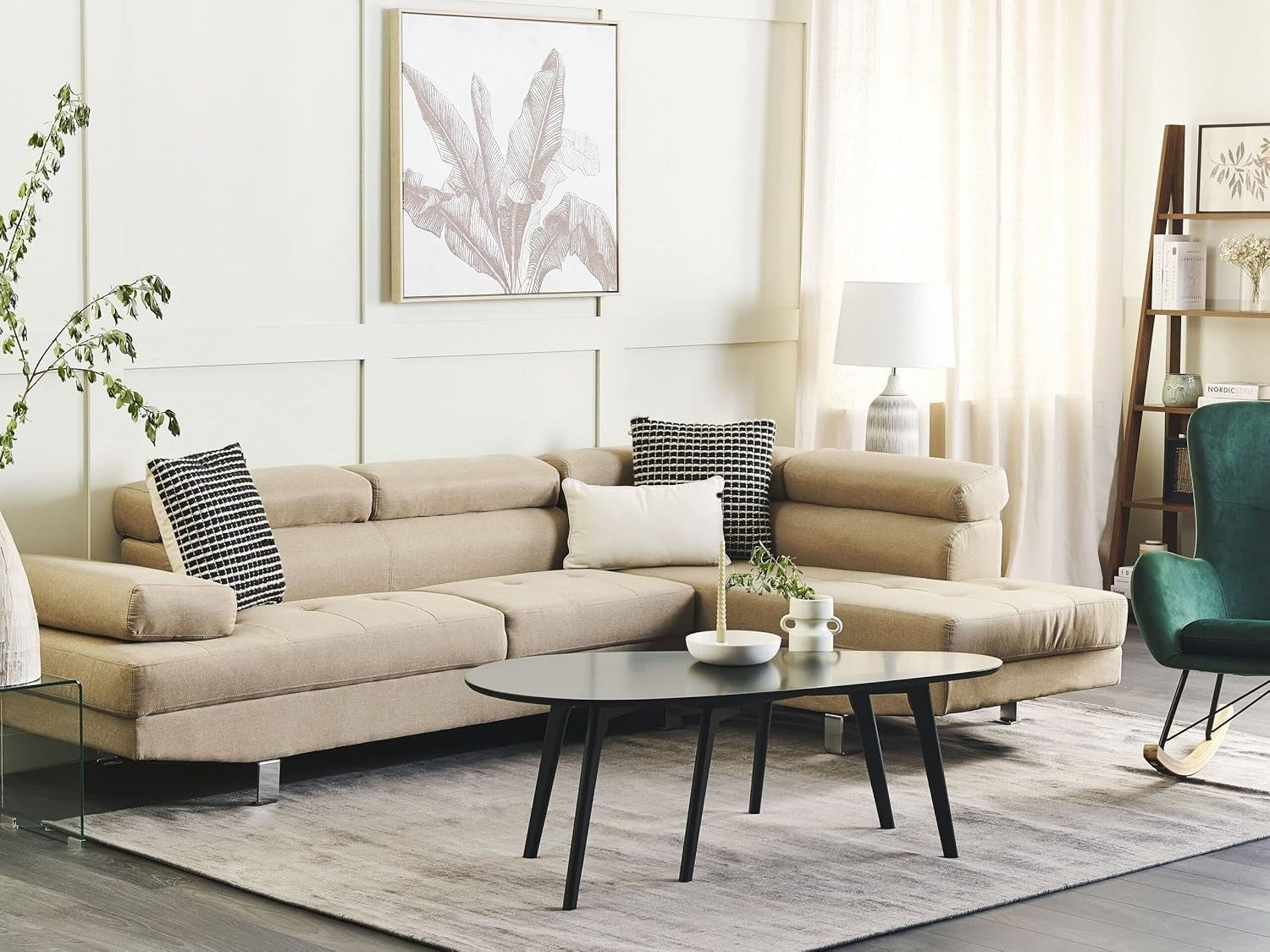 Large 5-Seater Corner Sofa Fabric Upholstered Light Beige Adjustable Headrests