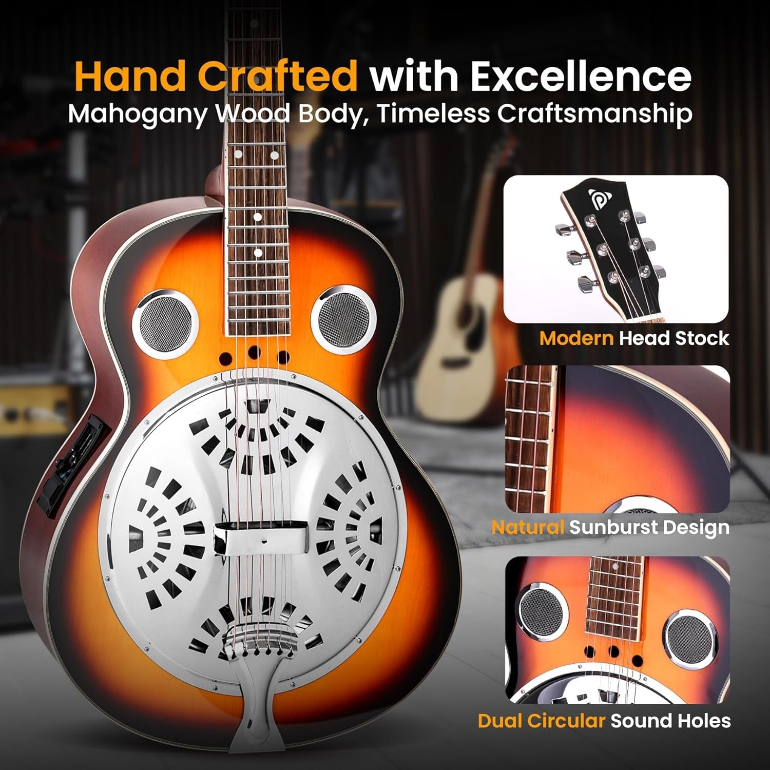 Resonator Acoustic Electric Guitar 6 String Sunburst w/Preamp