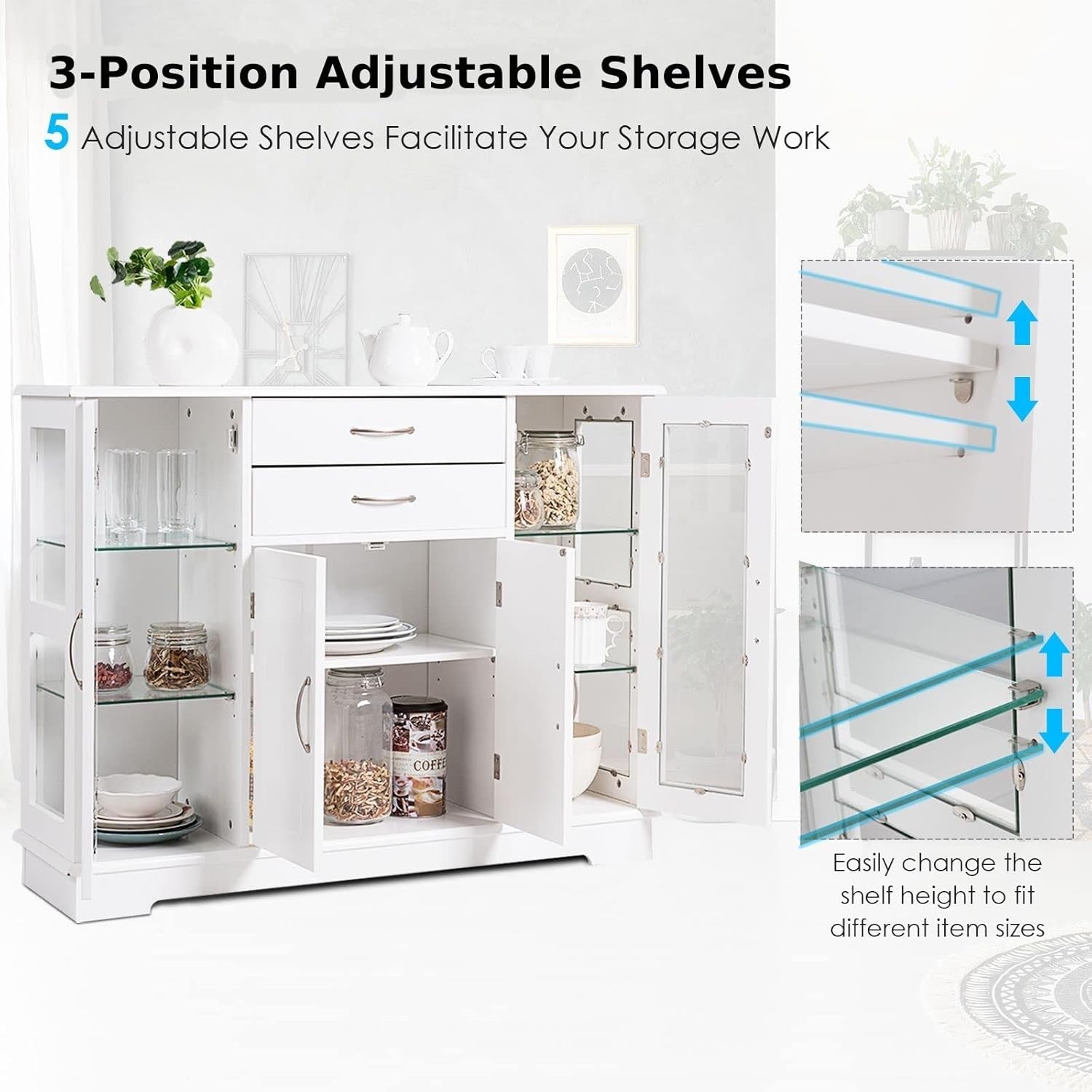 White  Sideboard Buffet Cabinet Glass Doors Storage Unit with Drawers