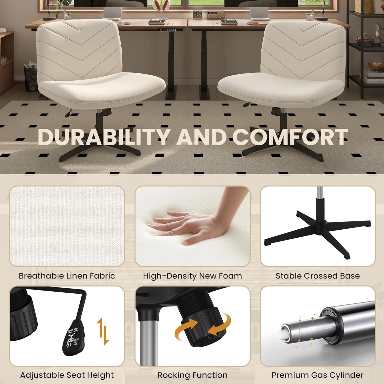 Office Chair Armless Desk Task Adjustable Height Swivel Study Home Beige