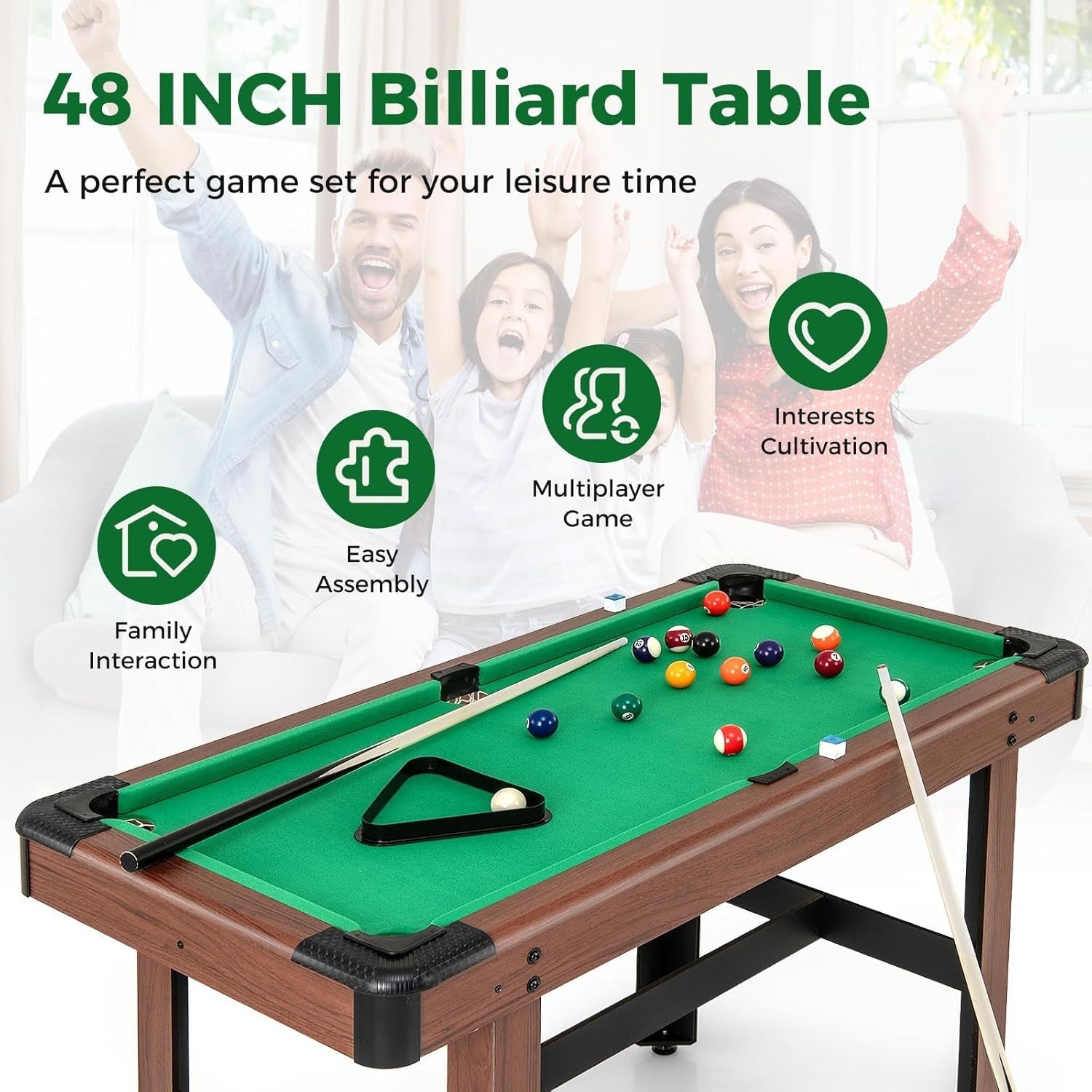 48in Mini Pool Table Wooden Billiards Set w Cues Balls Accessories