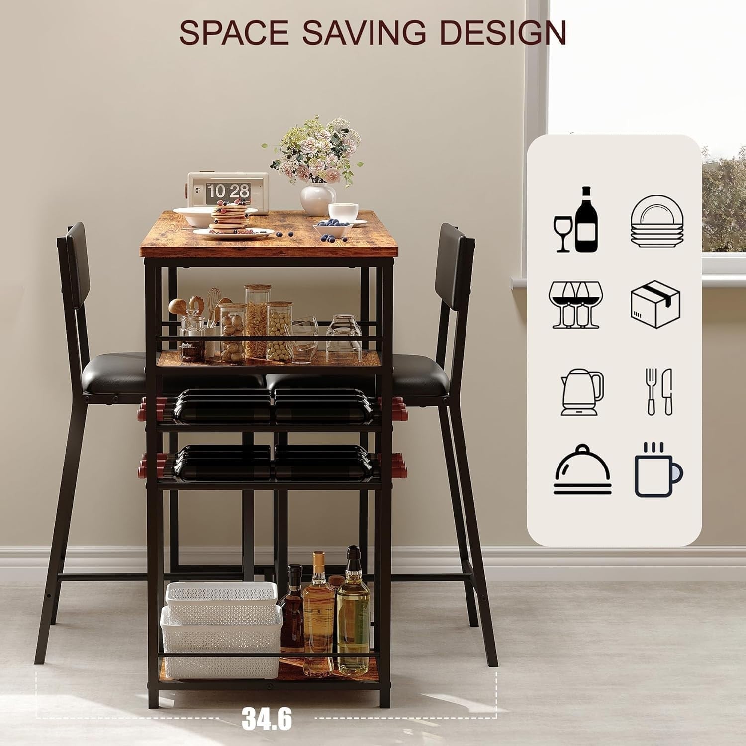 3-Piece Bar Table Set with Wine Racks and 2 Stools Metal Frame Dining Set