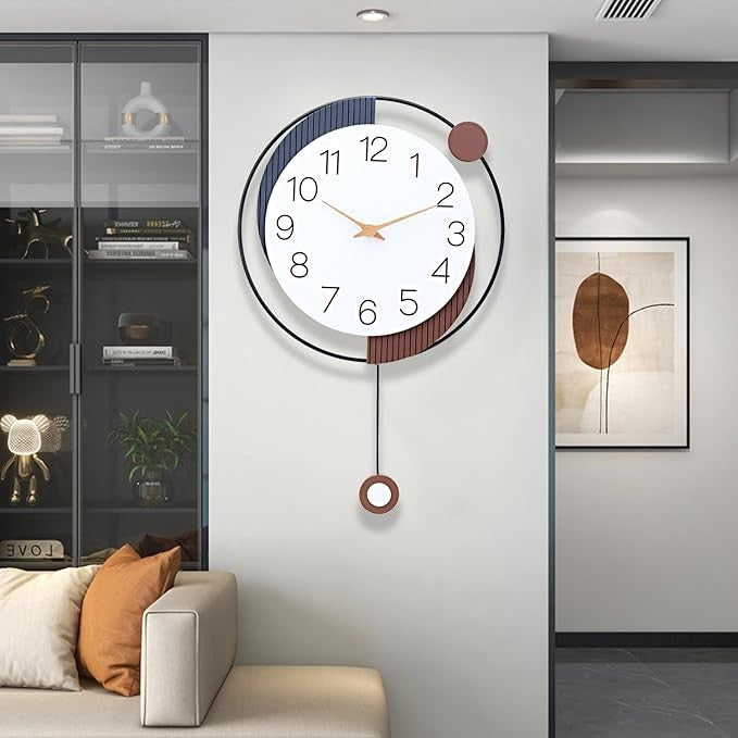 Modern 20×13in Silent Pendulum Wall Clock Brown Metal Art Decor for Home