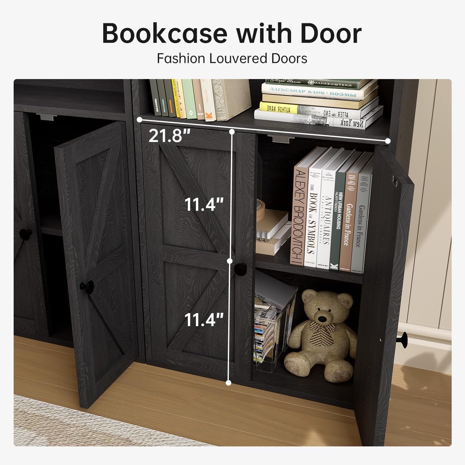 Tall Black 6-Tier Bookcase with Cabinet Doors Modern Storage Unit 181cm