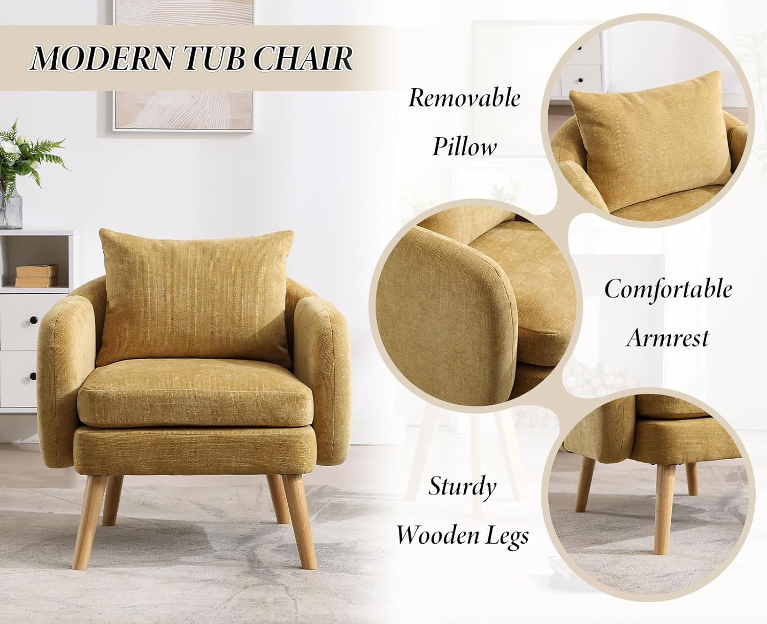 Chenille Tub Chair Yellow Lounge Armchair Wood Legs