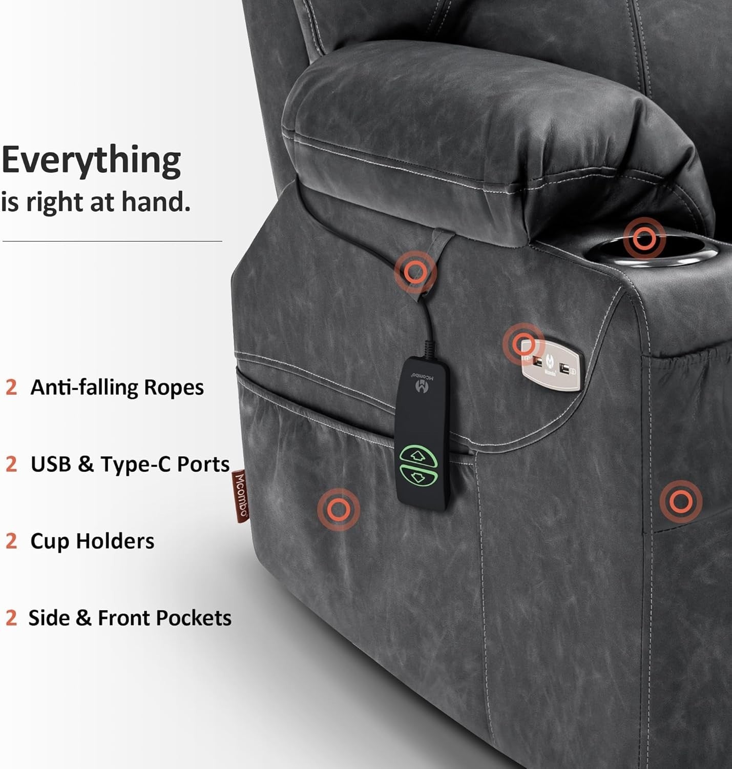 Grey Riser Recliner Chair Lift Assist Heated Massage USB Faux Leather