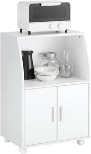 White Kitchen Trolley Cabinet with Doors Rolling Microwave Storage Cart
