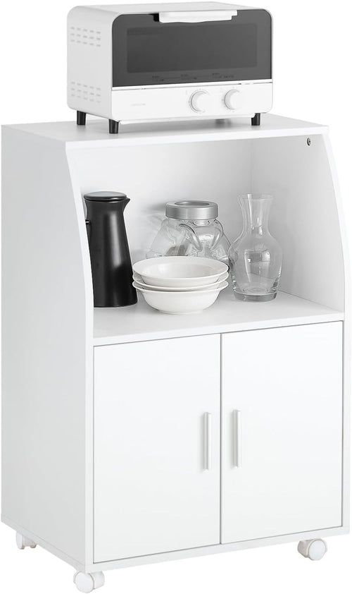 White Kitchen Trolley Cabinet with Doors Rolling Microwave Storage Cart