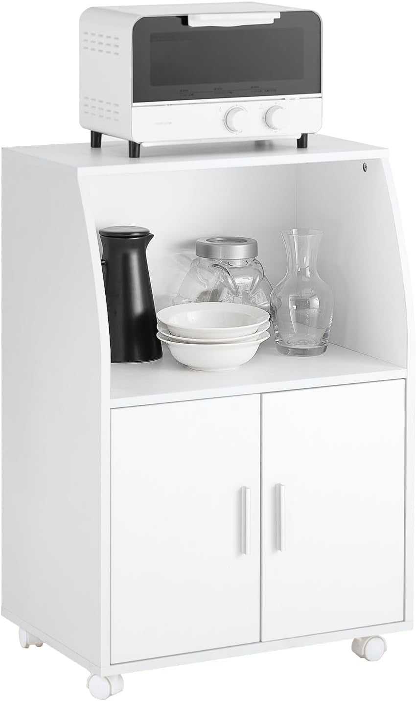 White Kitchen Trolley Cabinet with Doors Rolling Microwave Storage Cart