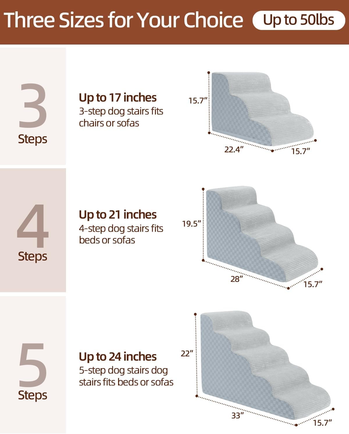 Dog Stairs Ramp 15.7" 3-Step Small Dogs Non-Slip Grey
