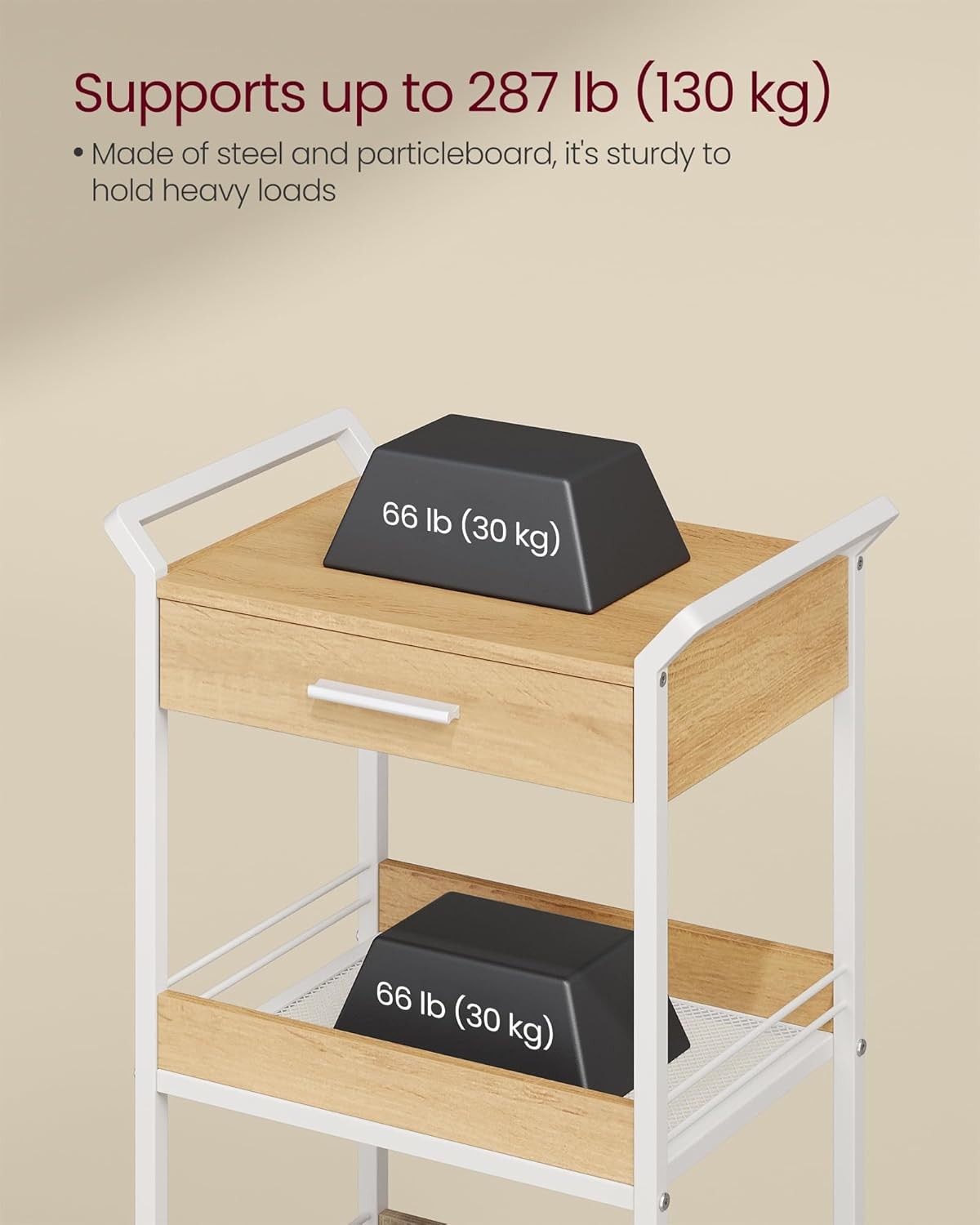 4 Tier Storage Trolley Rolling Cart with Drawer Table Top Mesh Shelves
