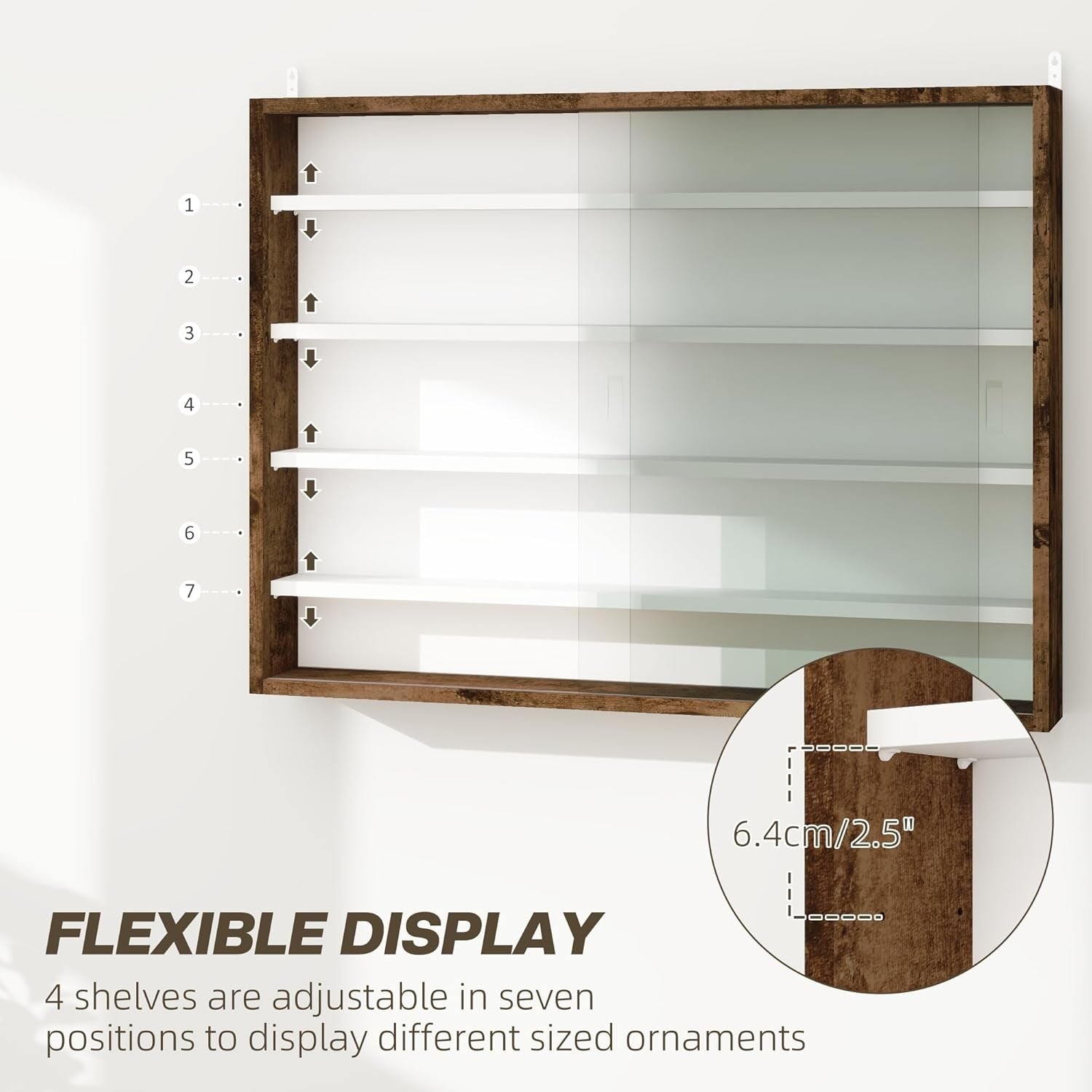 5-Tier Rustic Brown Display Cabinet | Wall-Mounted Glass Sliding Door Shelf 60×8