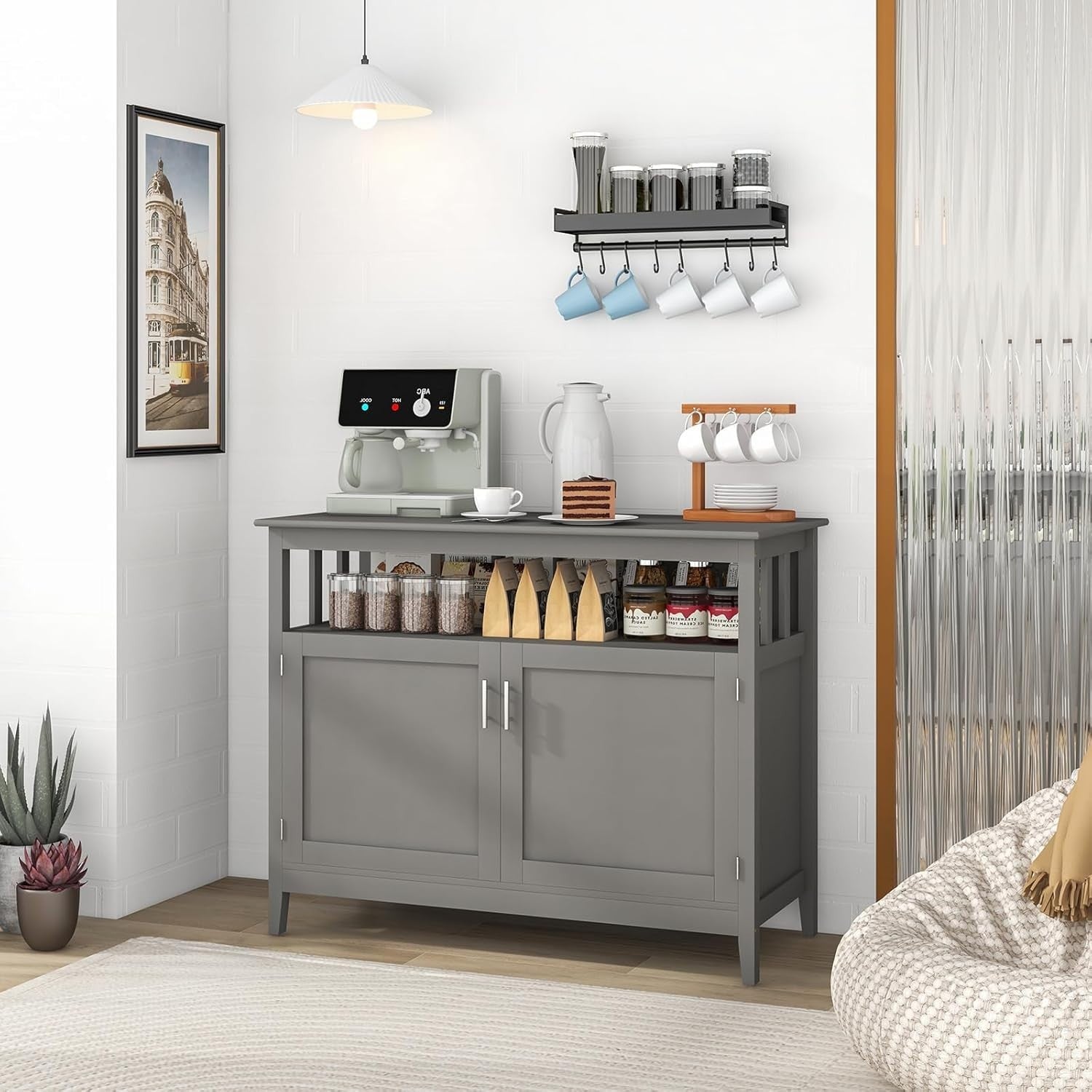 Gray Adjustable Shelf Sideboard Storage Cabinet Kitchen Dining Cupboard