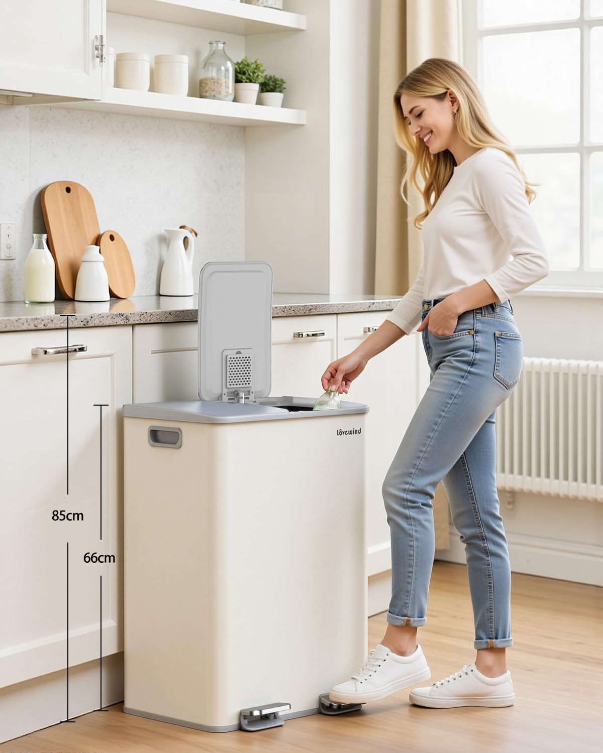 60L Double Kitchen Bin 2x30L Soft Close Recycling Beige