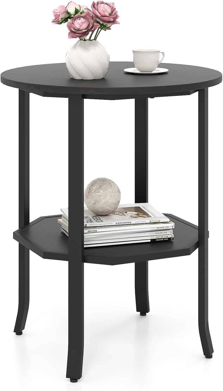 Round Black Side Table 2-Tier | Industrial Sofa End Table with Shelf 50×61cm