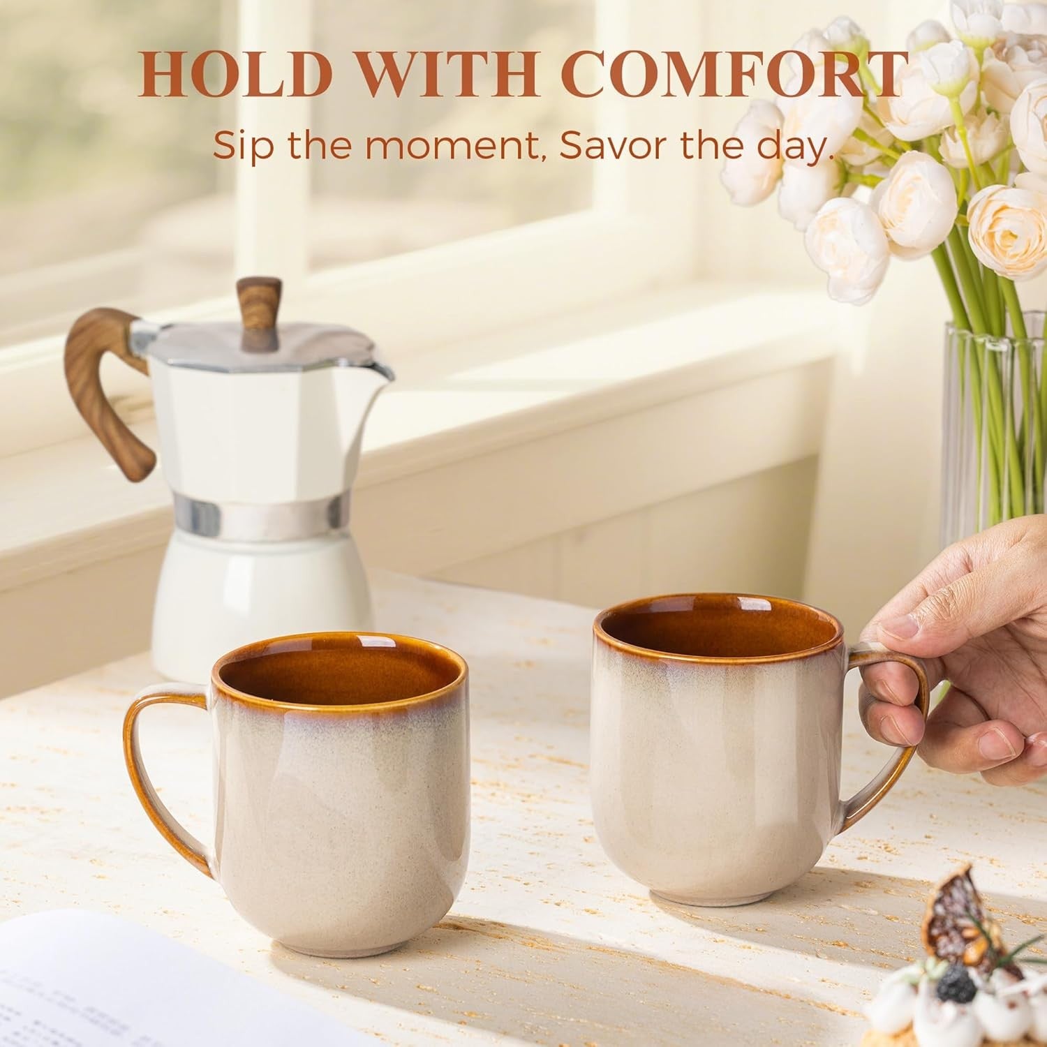 Stoneware Coffee Mugs Set of 6 350ml Large Handle Latte Cappuccino Cups