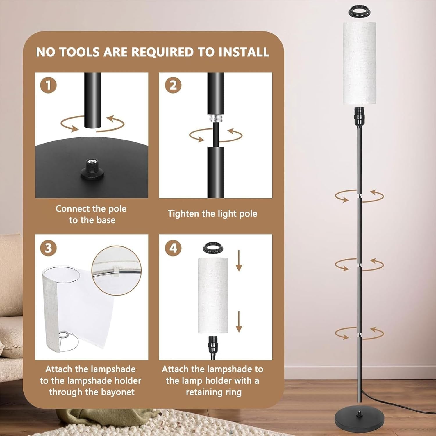 Floor Lamp Tall Dimmable Linen Shade Standing Light Foot Switch Modern
