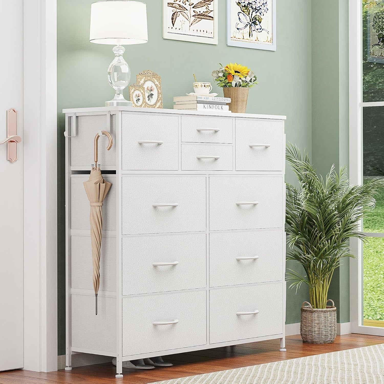White 10-Drawer Tall Chest Fabric Drawers with Side Hooks & Storage Pockets