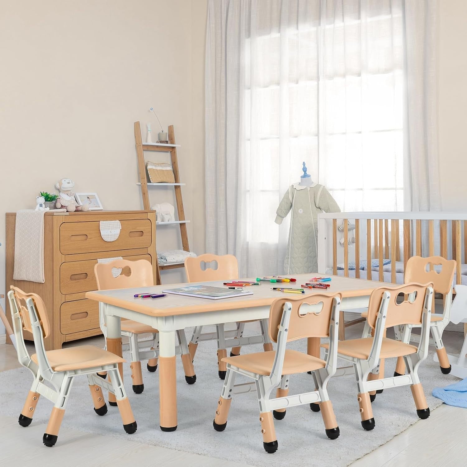 Kids Table and 6 Chair Set – Adjustable Height, Easy Clean, Ages 2–10