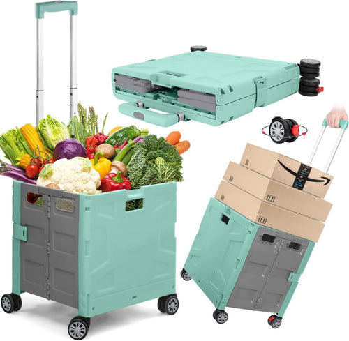Foldable Grocery Trolley Cart 50Kg Portable Storage Box w/ Lid Green