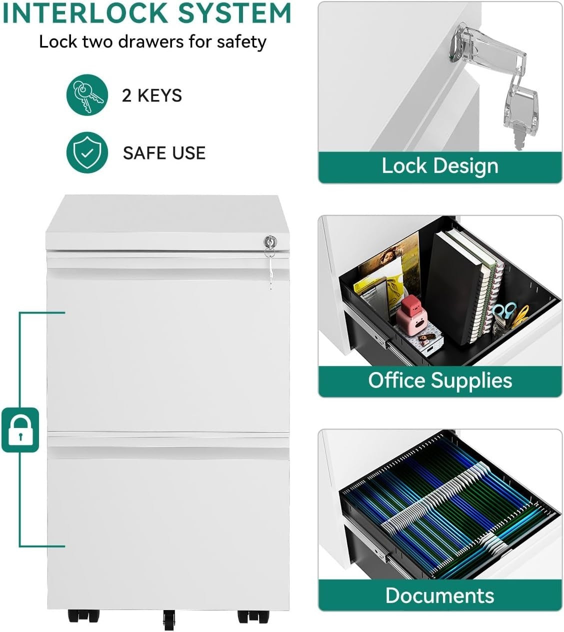 White 2 Drawer Lockable File Cabinet 51x39x71cm Mobile Under Desk