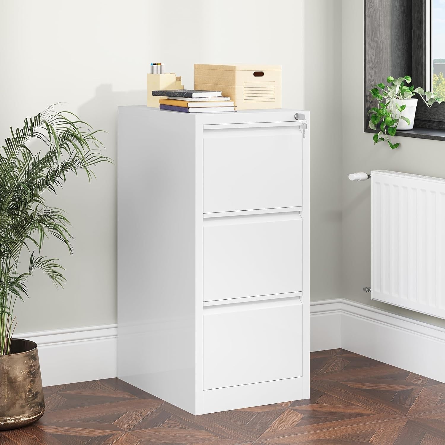 White 3 Drawer Lockable File Cabinet 62x45x102cm Rolling Steel