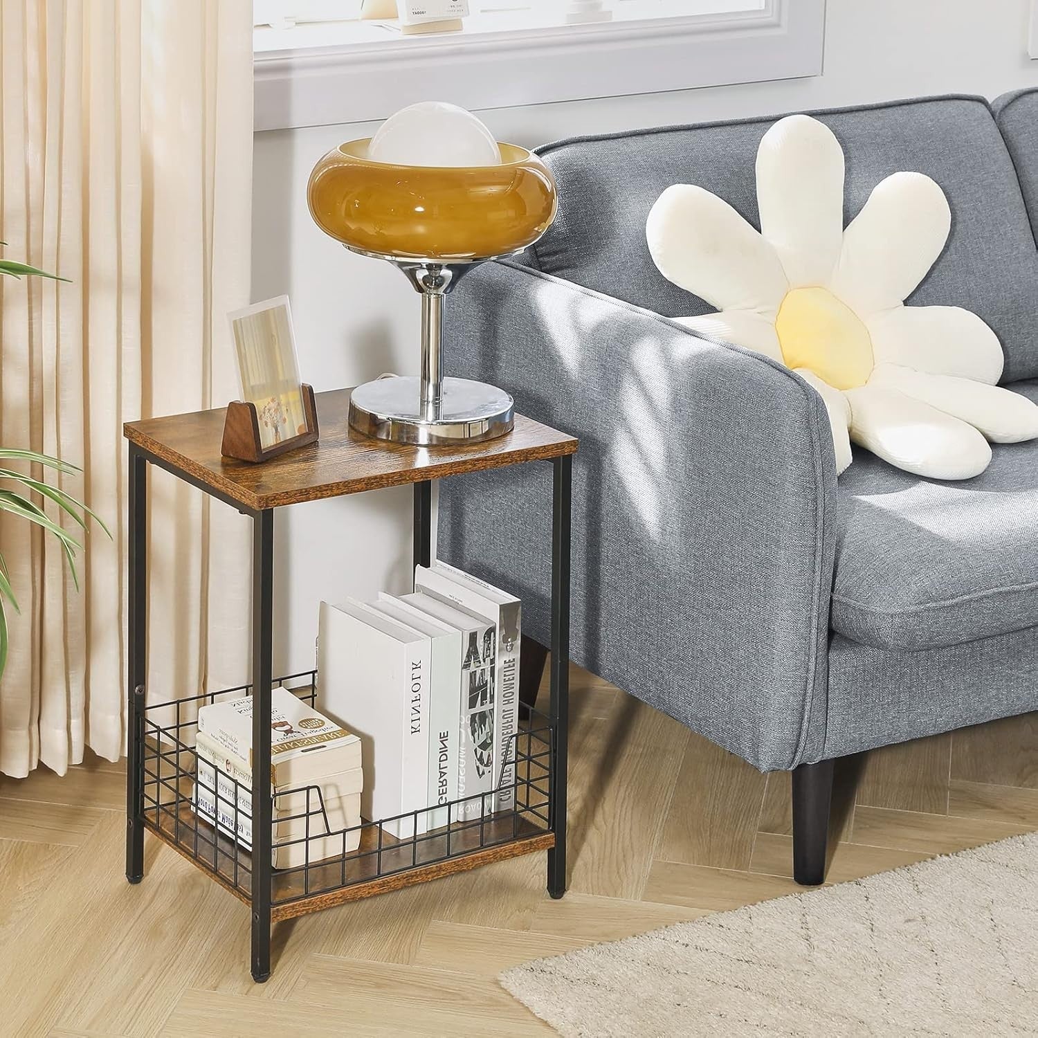 Rustic Brown Side Table with Storage Rack – Small Nightstand & Coffee Table
