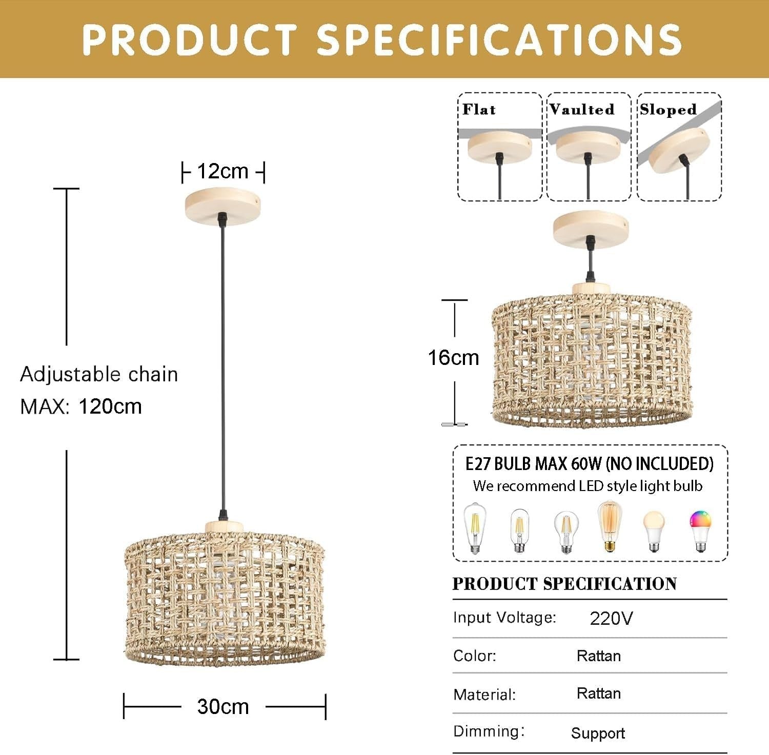Rattan Pendant Lamp Shade 30cm Boho Woven Ceiling Light E27